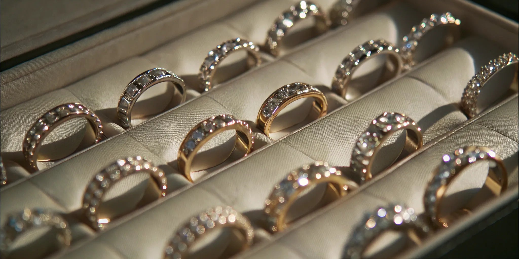 A variety of unique modern wedding bands with diamonds in different styles and settings.