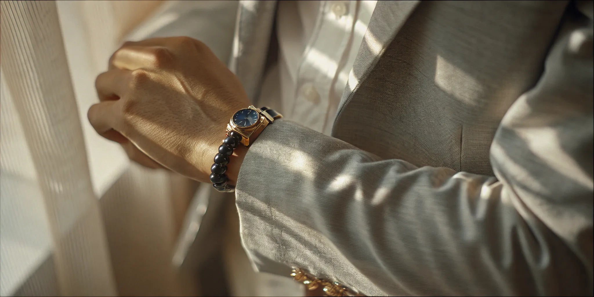 Man wearing a watch and beaded bracelet, a popular style for men's jewelry in Palm Beach Gardens.
