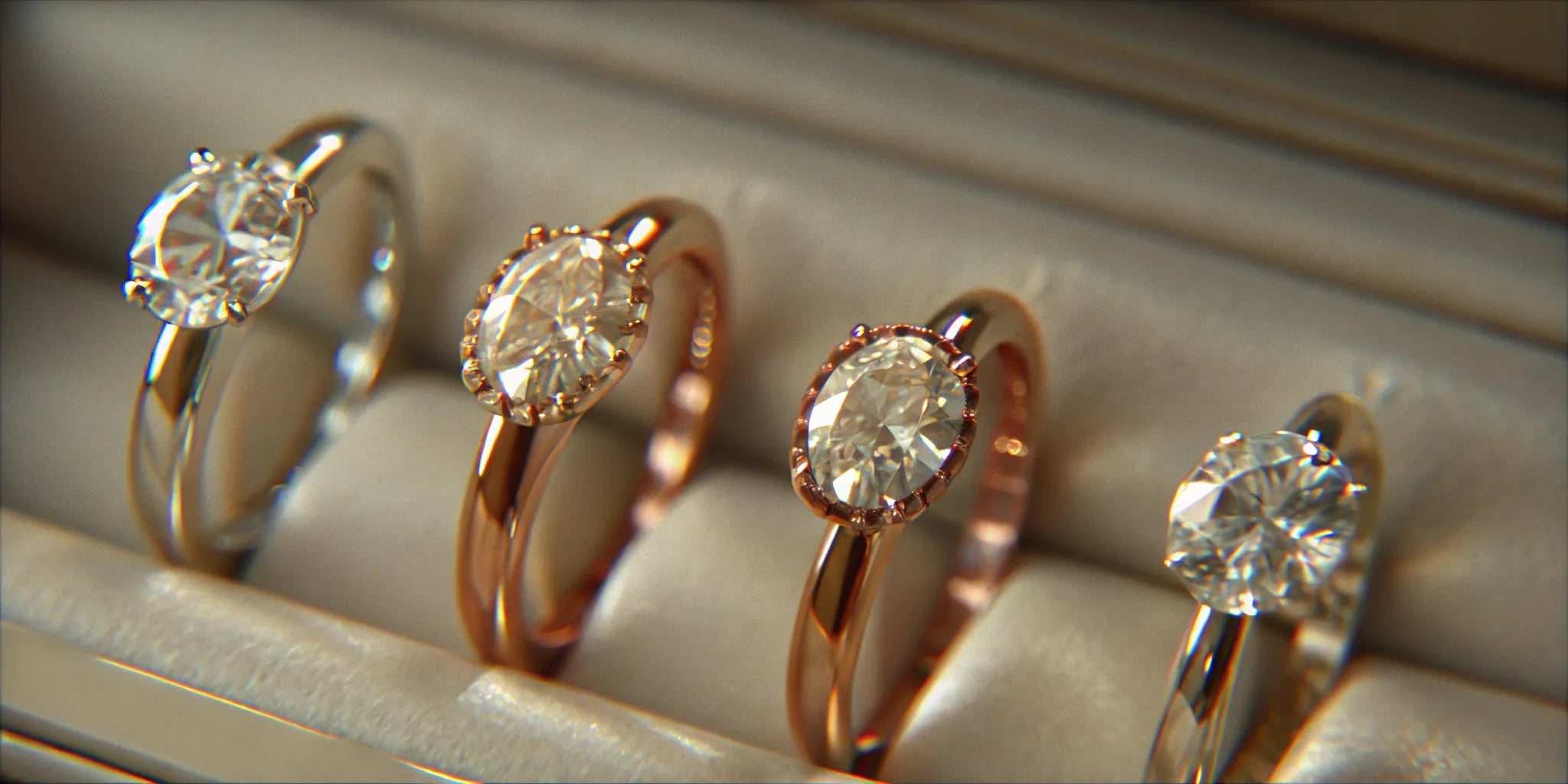 A variety of stackable diamond engagement rings in gold and platinum.
