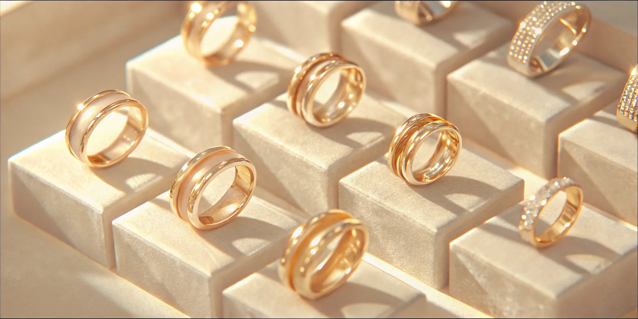 A collection of unique custom wedding bands for him and her in various materials and finishes.