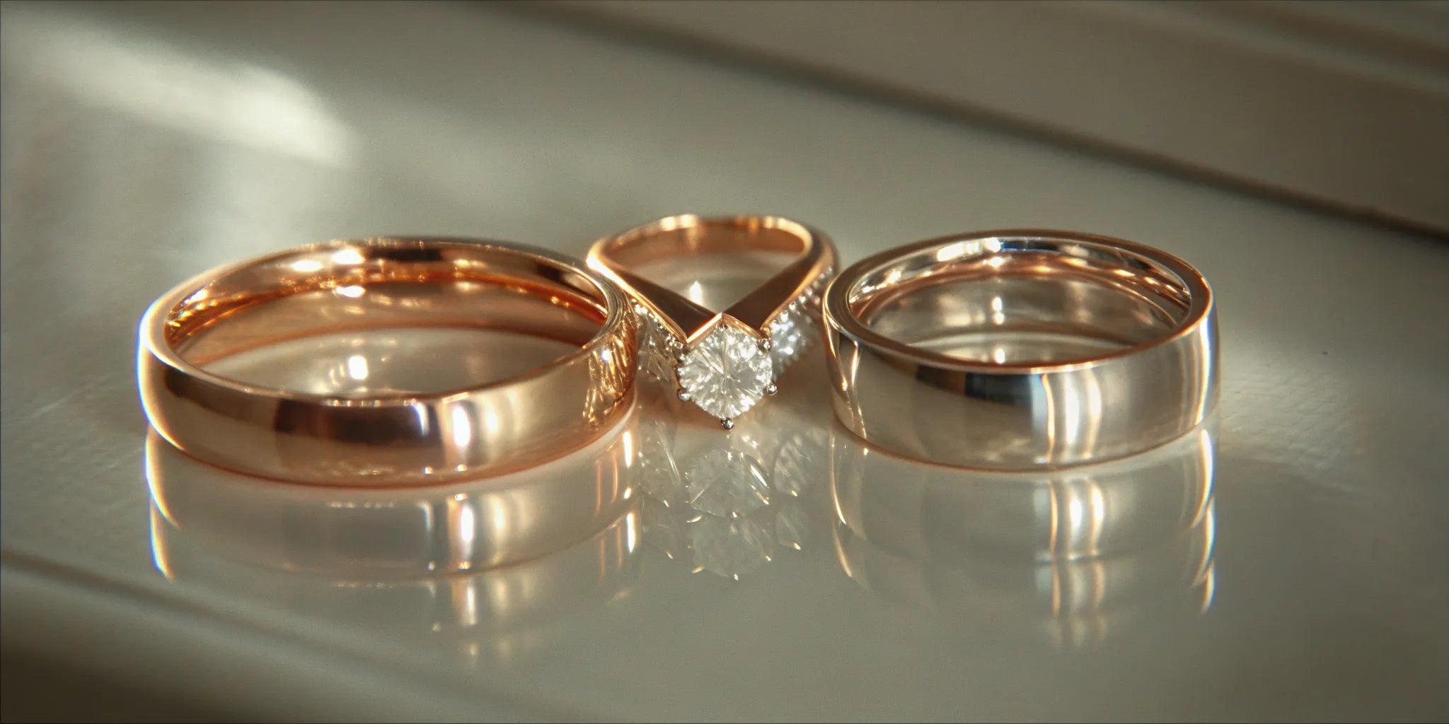 A 3 piece his and hers wedding ring set with a diamond engagement ring and matching wedding bands.
