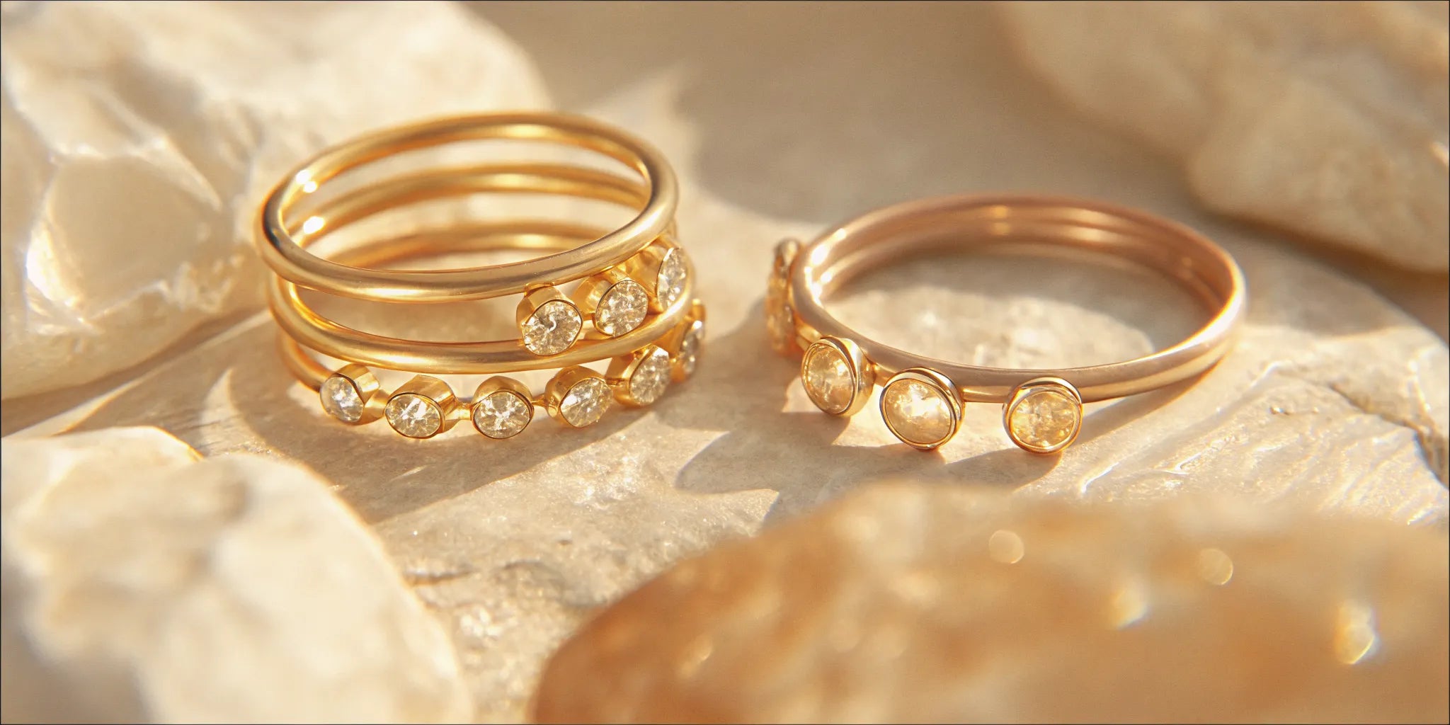 Custom gold birthstone rings for mothers set with various gemstones.