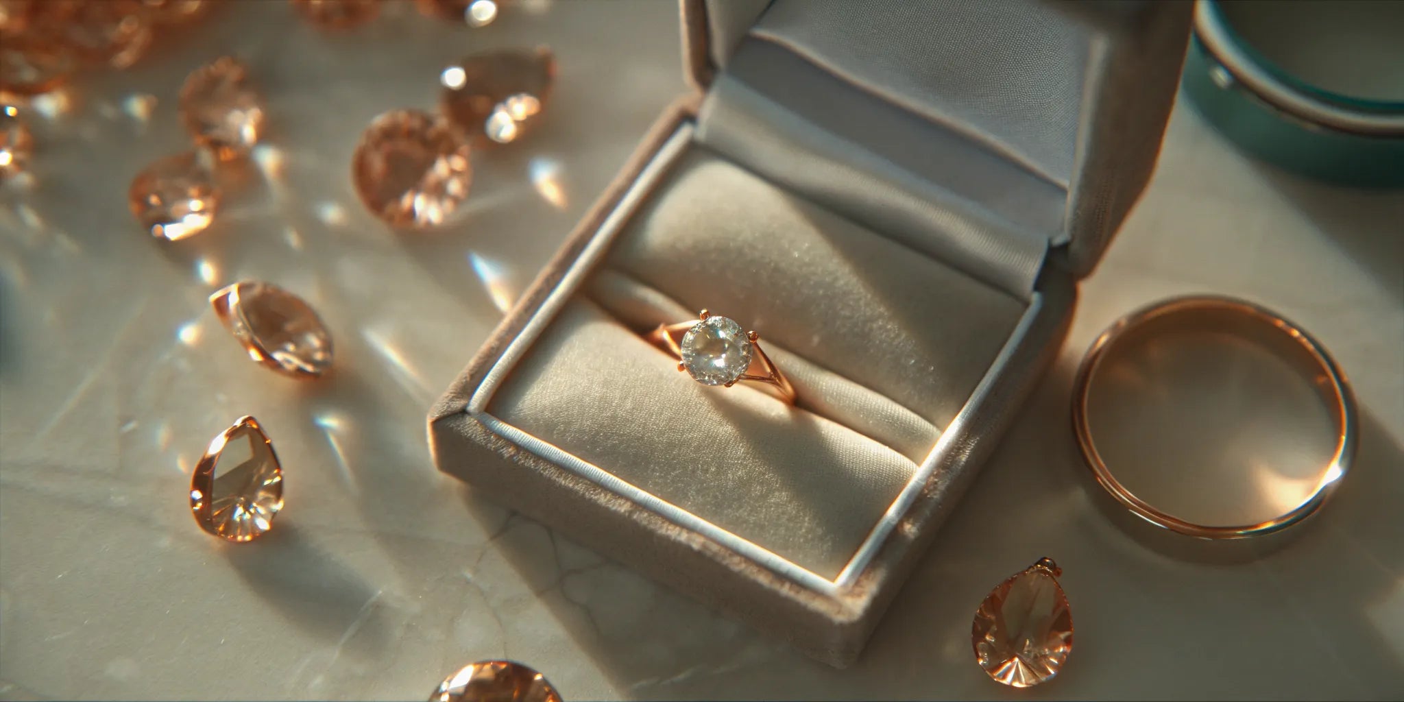 A round gemstone set in a bespoke engagement ring, displayed in a velvet box with loose gems.