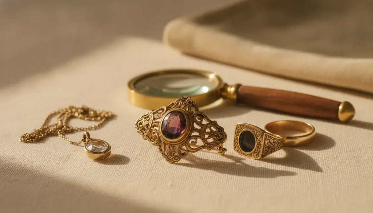 Antique jewelry including an ornate gold brooch, engraved ring, pendant, and magnifying glass on ivory linen
