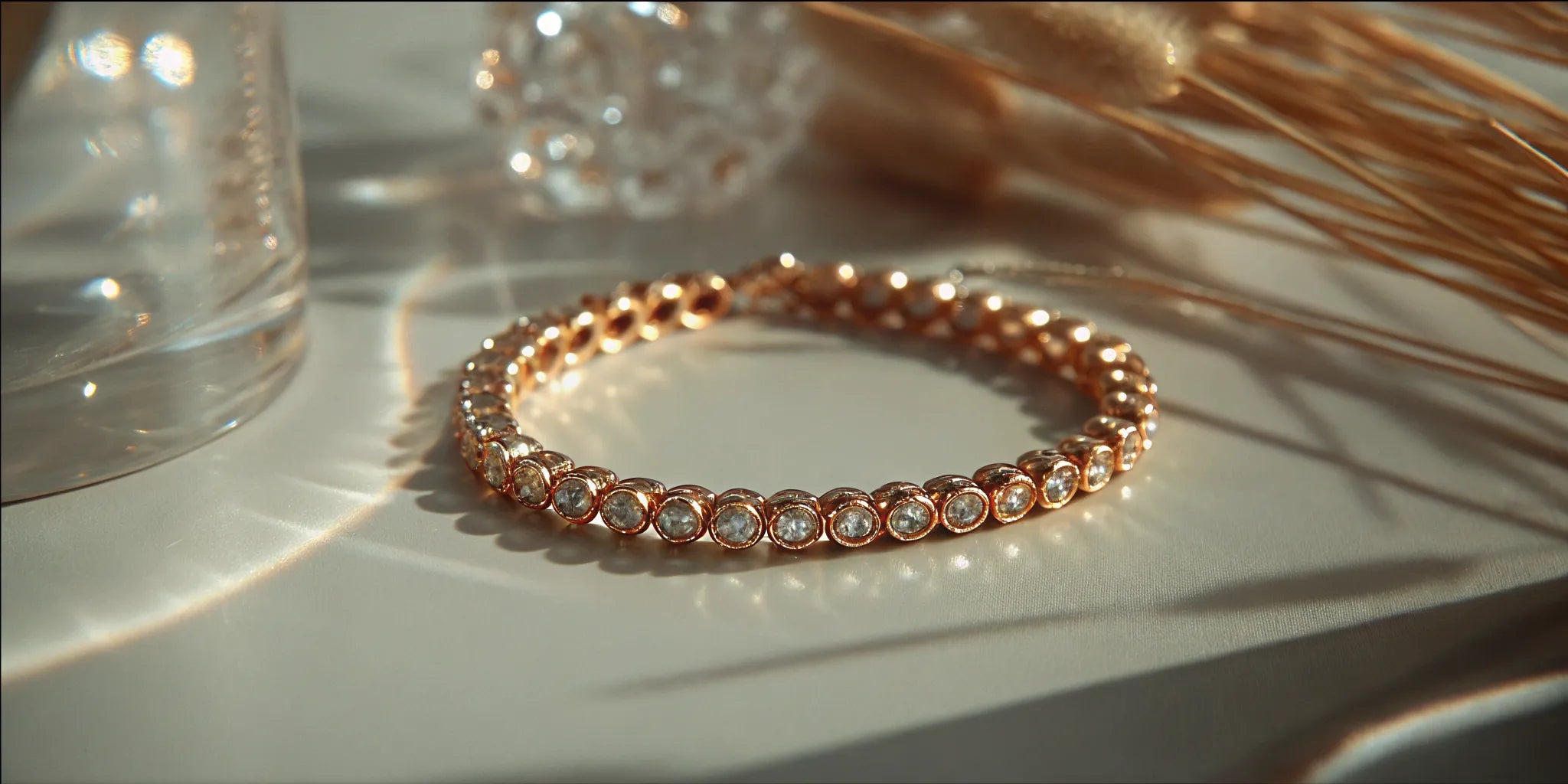 Gold bezel tennis bracelet on a warm neutral jewelry surface