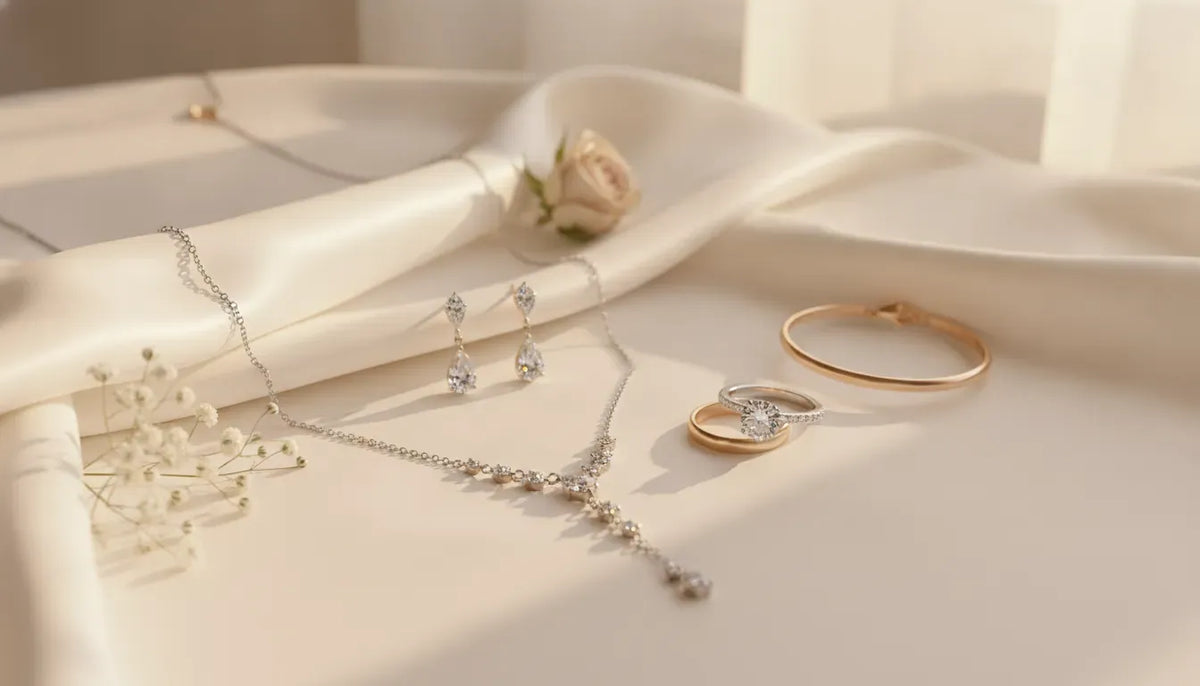 Bridal jewelry arrangement with diamond earrings, necklace, bracelet, and wedding rings on ivory silk