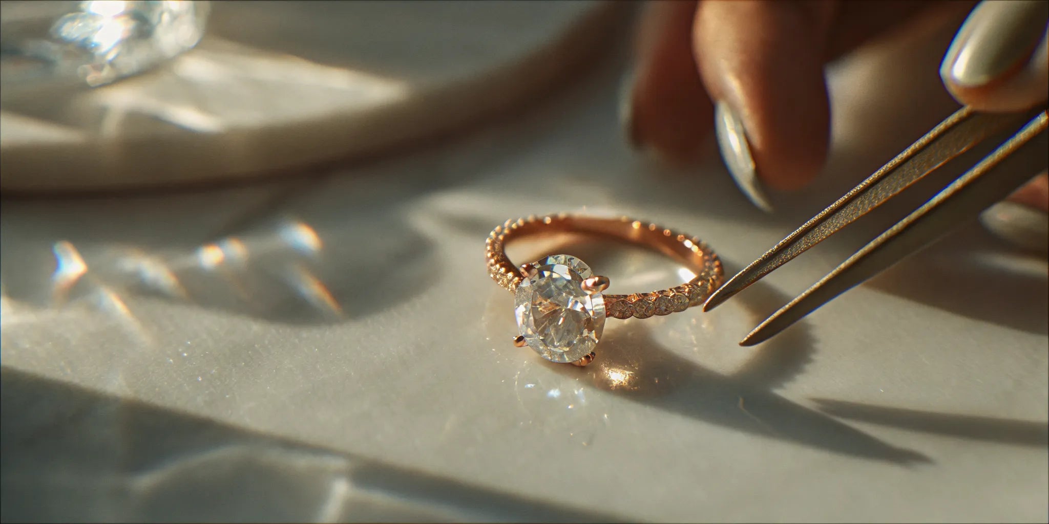Custom engagement ring design with tweezers setting a diamond in Palm Beach Gardens.