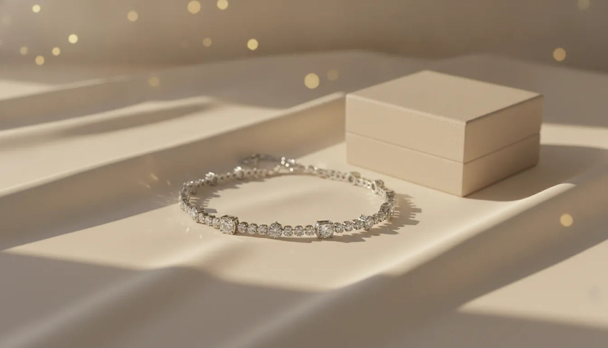 Diamond bracelet gift styled beside an elegant jewelry box