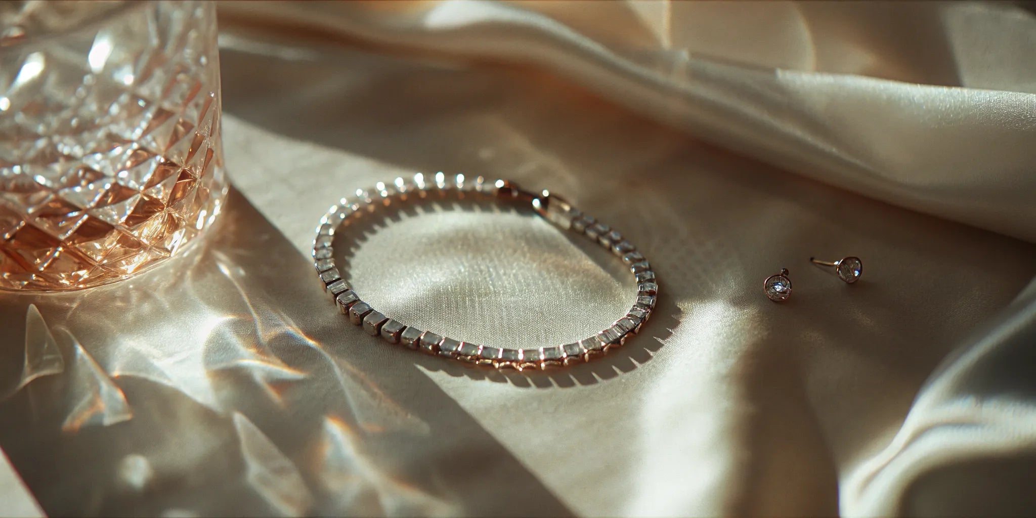 Diamond tennis bracelet styled on warm neutral silk