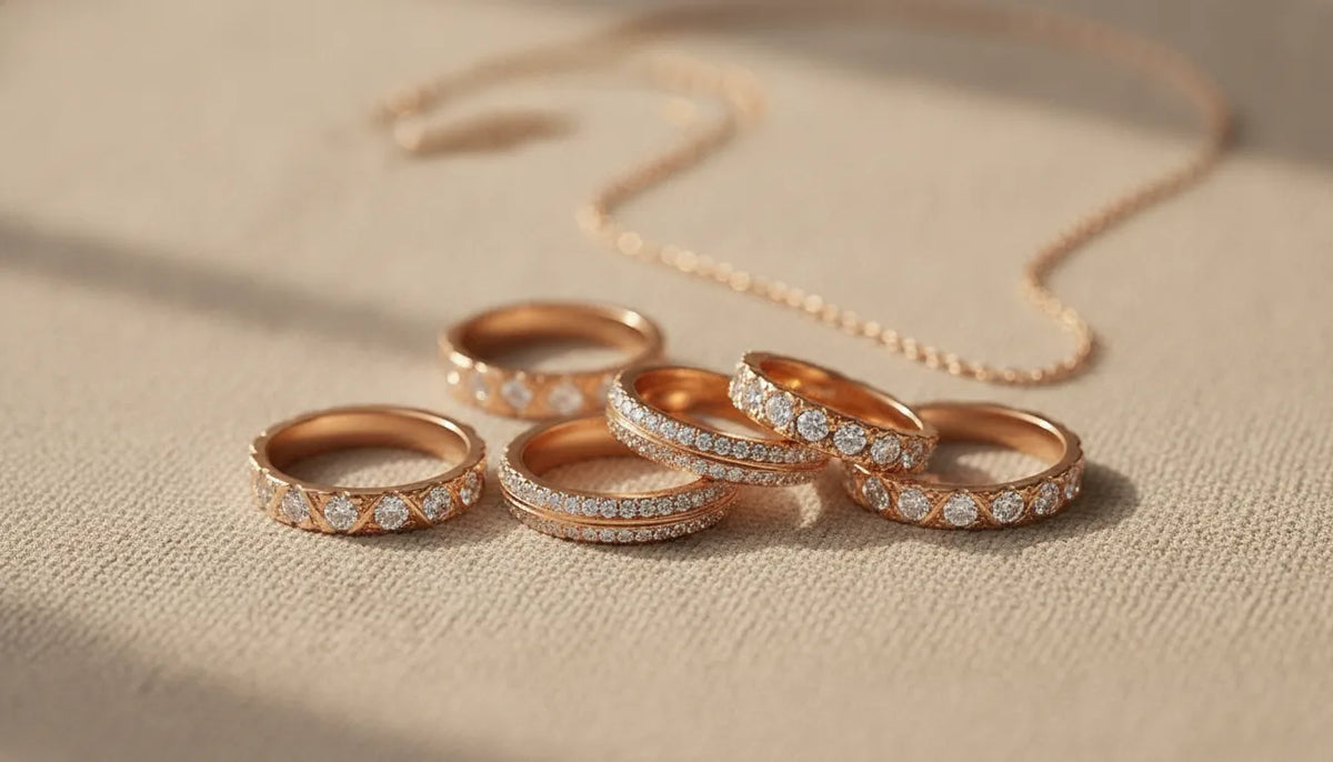 Diamond wedding bands arranged in a refined fine jewelry studio