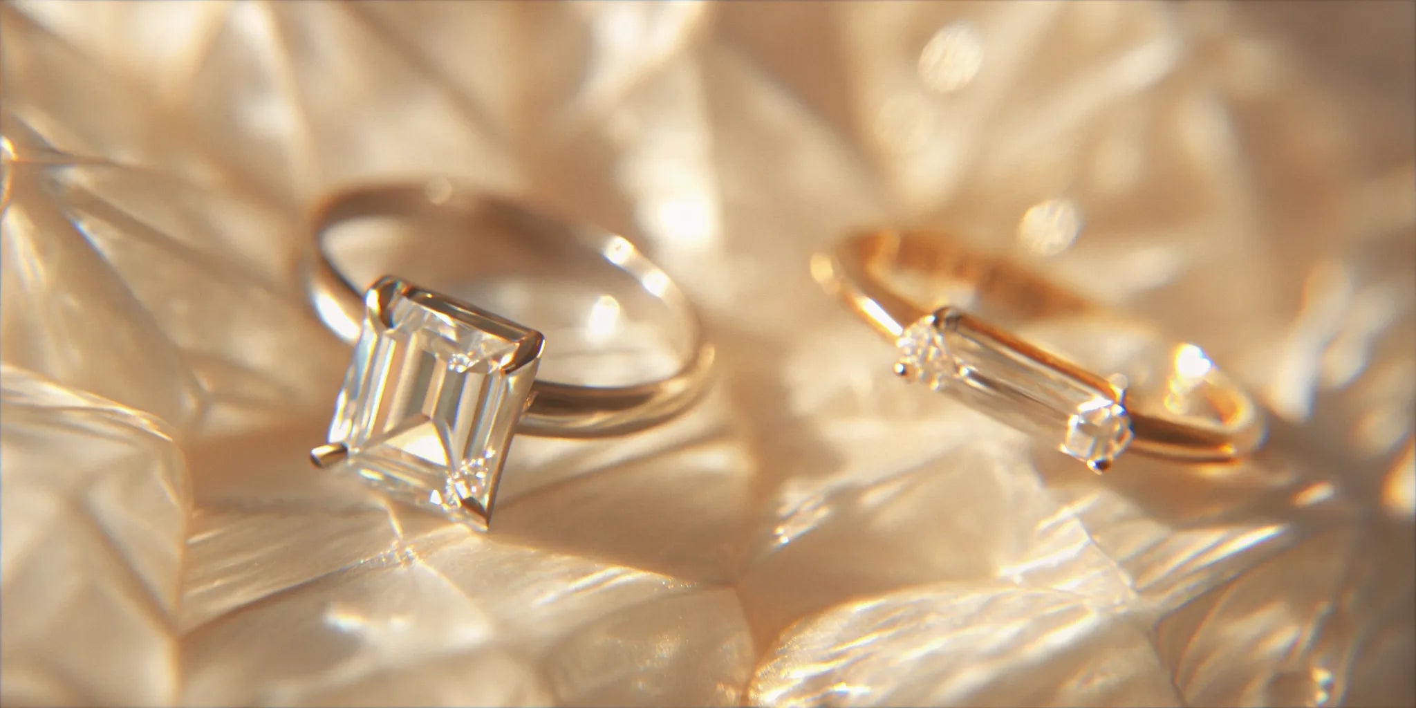 A side-by-side comparison of emerald cut and princess cut diamond rings.