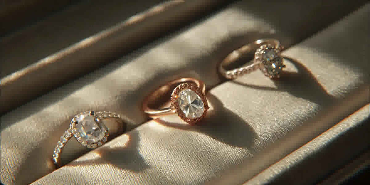 Three different engagement ring settings displayed side by side on a velvet surface