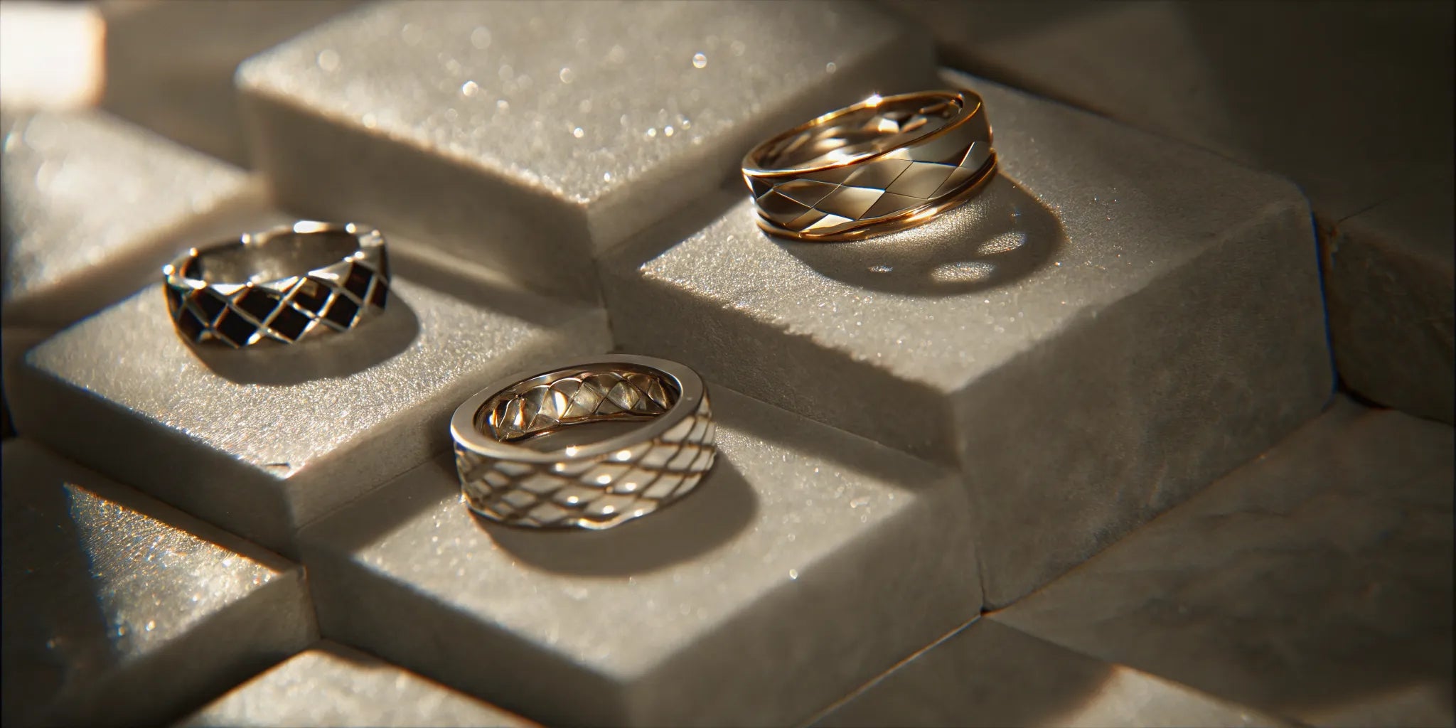 A collection of unique men's diamond rings in gold and silver with modern geometric designs.