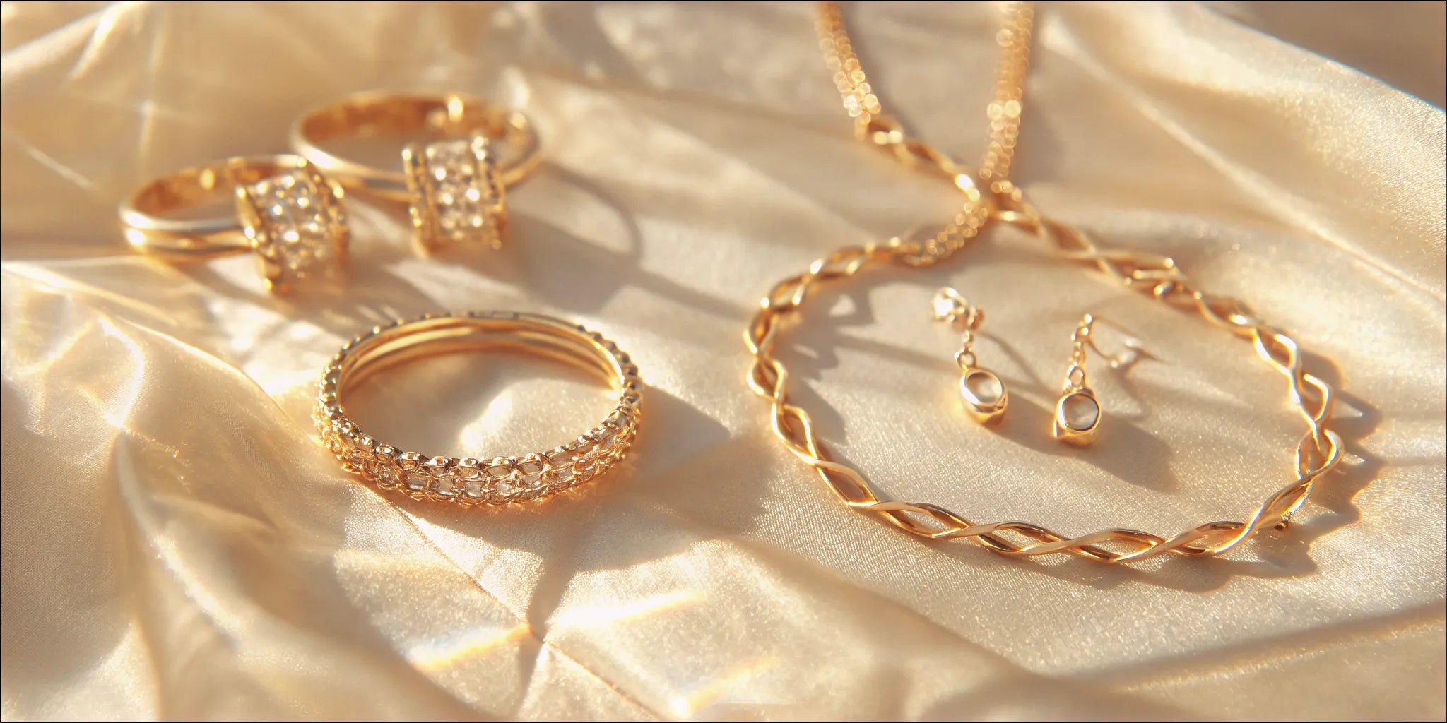 Fine jewelry anniversary gifts arranged on ivory stone