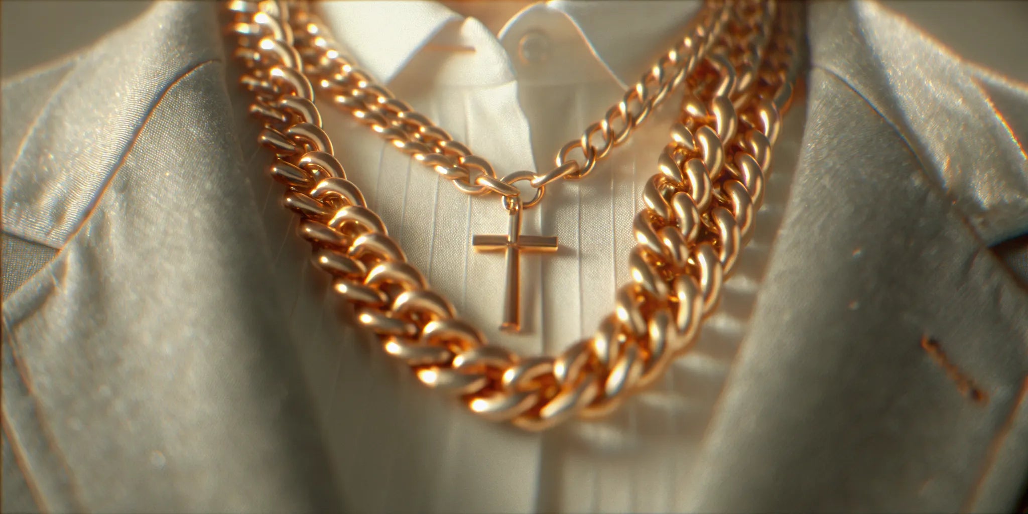 Gold men's cross necklace with a thick chain on a white shirt and suit.