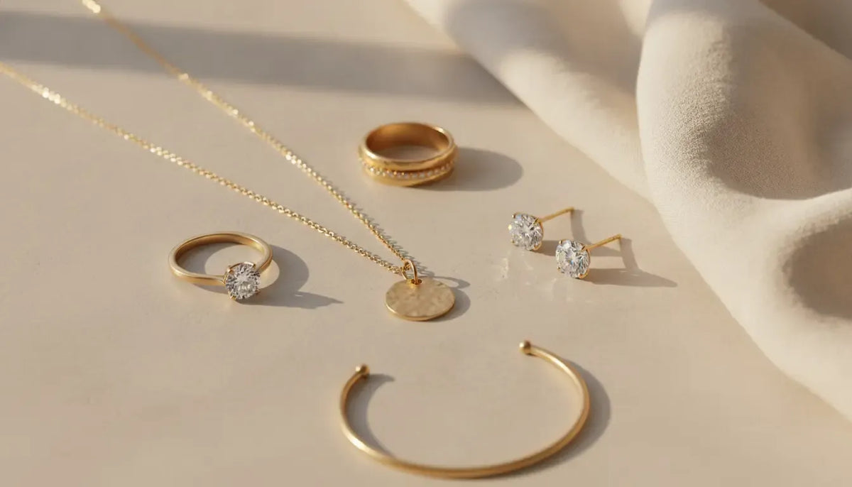 Solid gold rings, necklace, earrings, and bracelet arranged for a fine jewelry buying guide