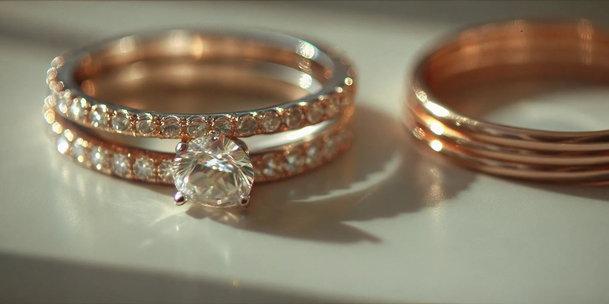 A matching white gold engagement ring and wedding band set.