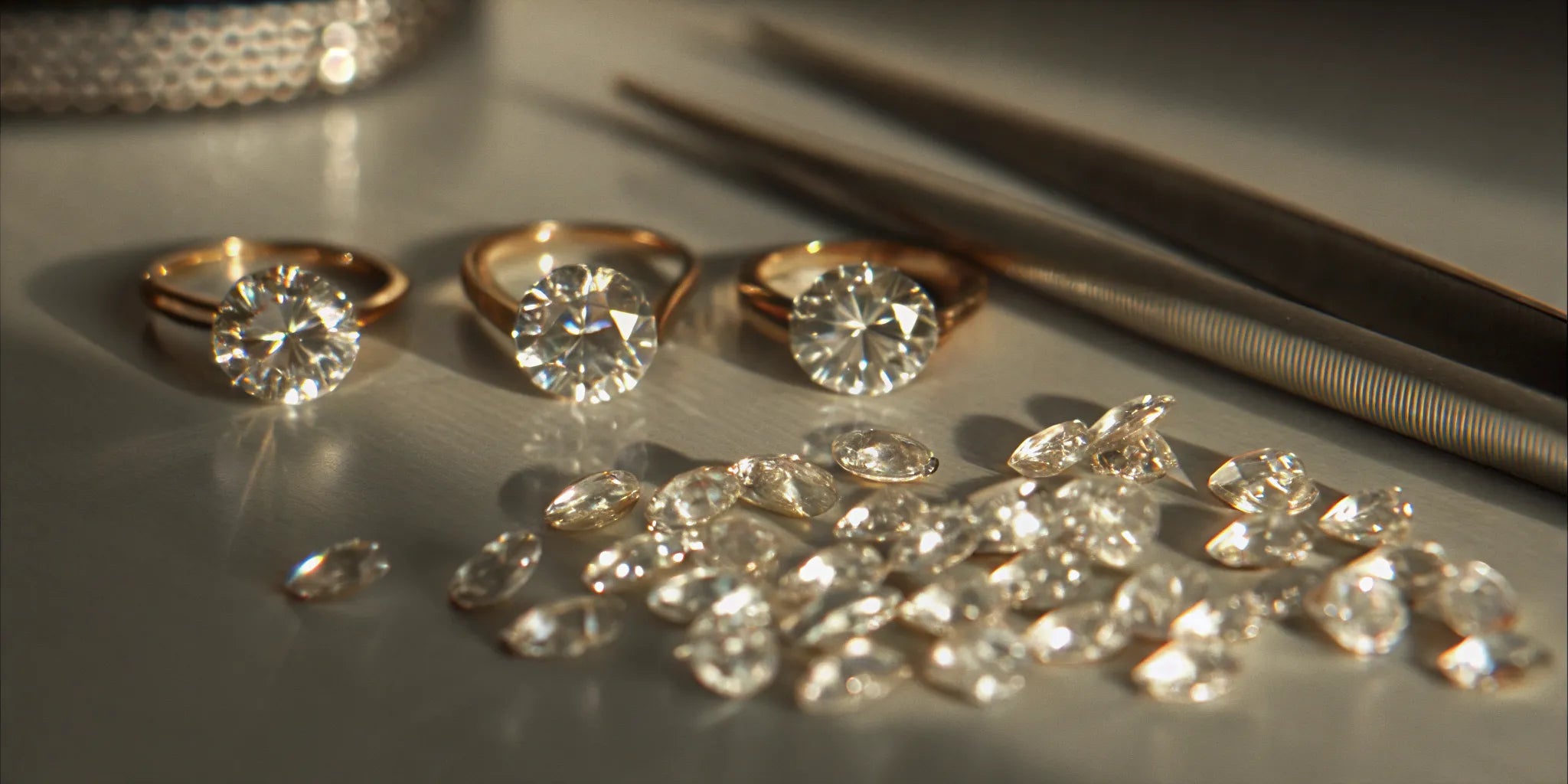 Ethically sourced natural diamond engagement rings and loose diamonds on a jeweler's workbench.