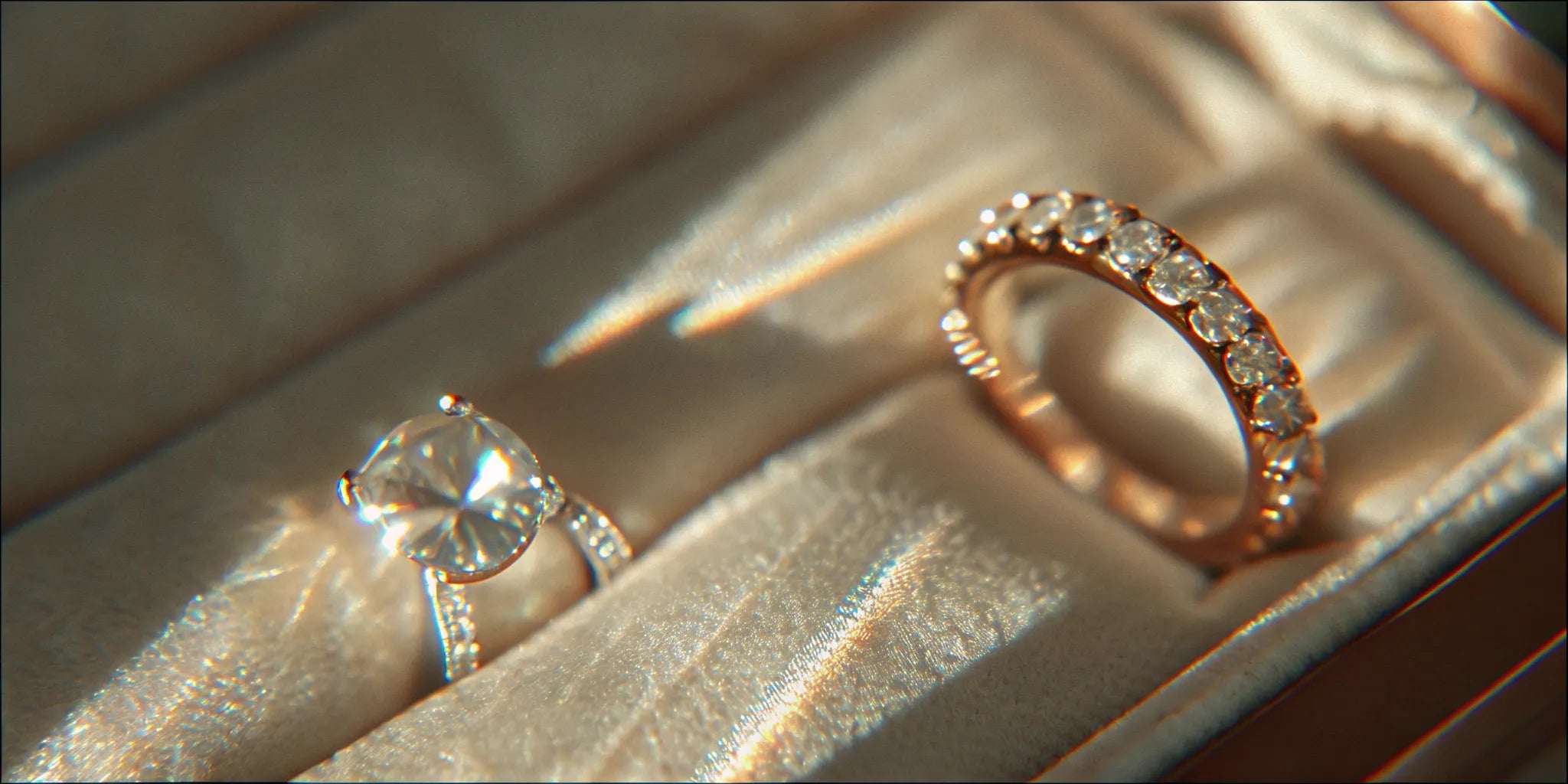 Sparkling diamond ring on velvet with warm natural light