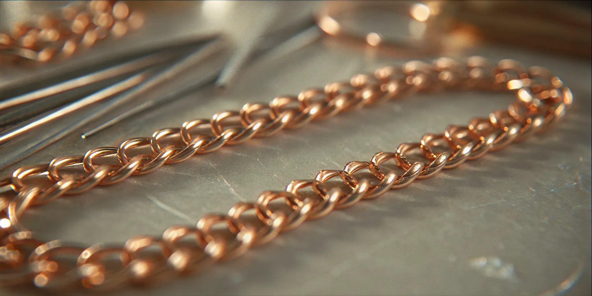 Custom men's gold necklace chain being crafted on a workbench.