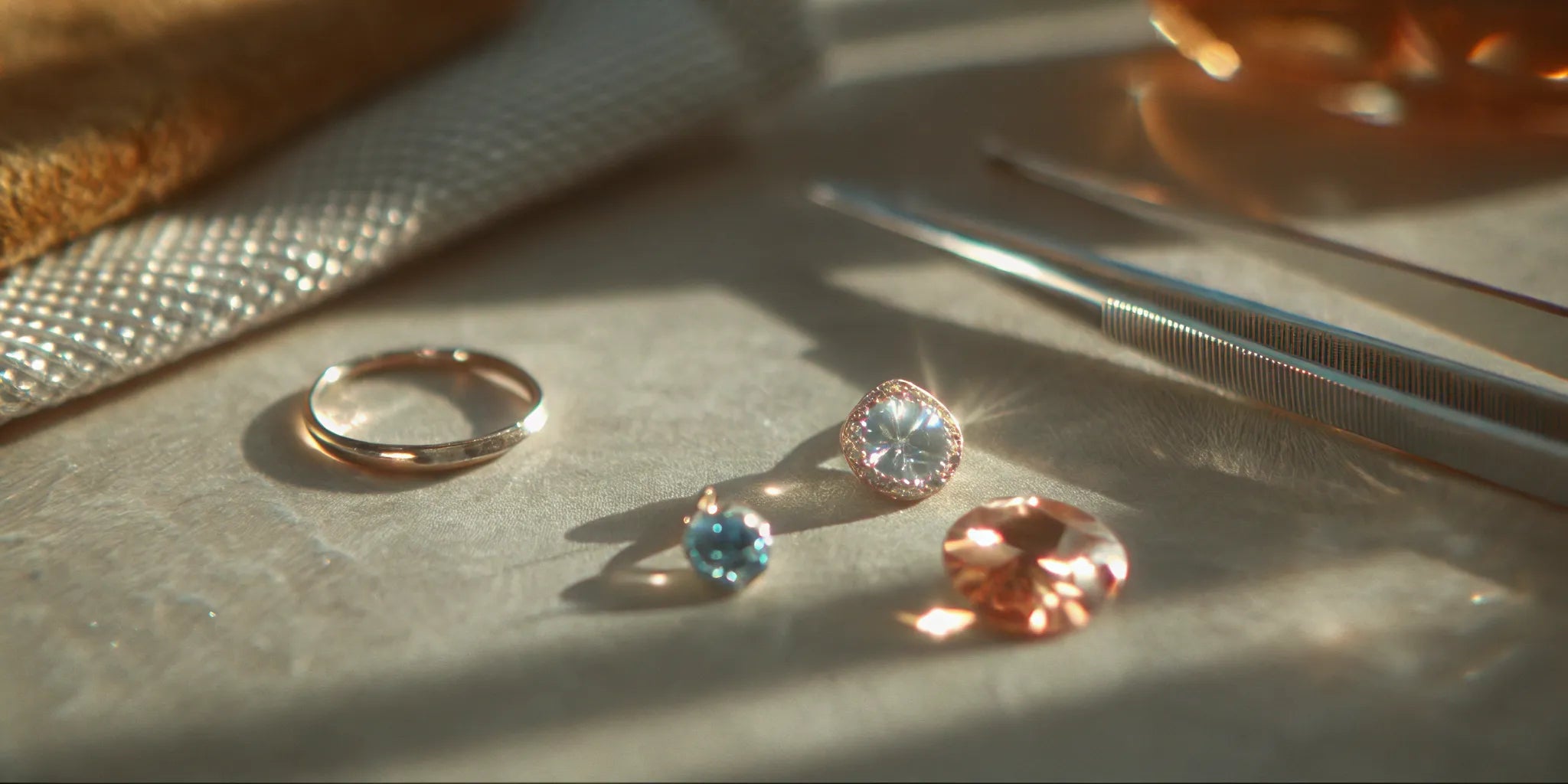 Designing your own handcrafted engagement ring with jeweler's tools and gemstones.