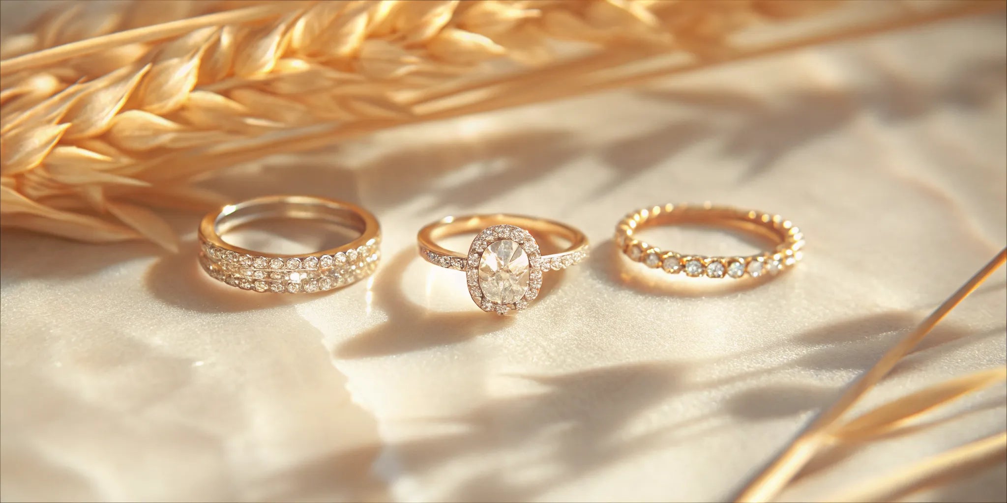 A paired set of an oval diamond engagement ring and wedding band with halo and pavé gold settings.