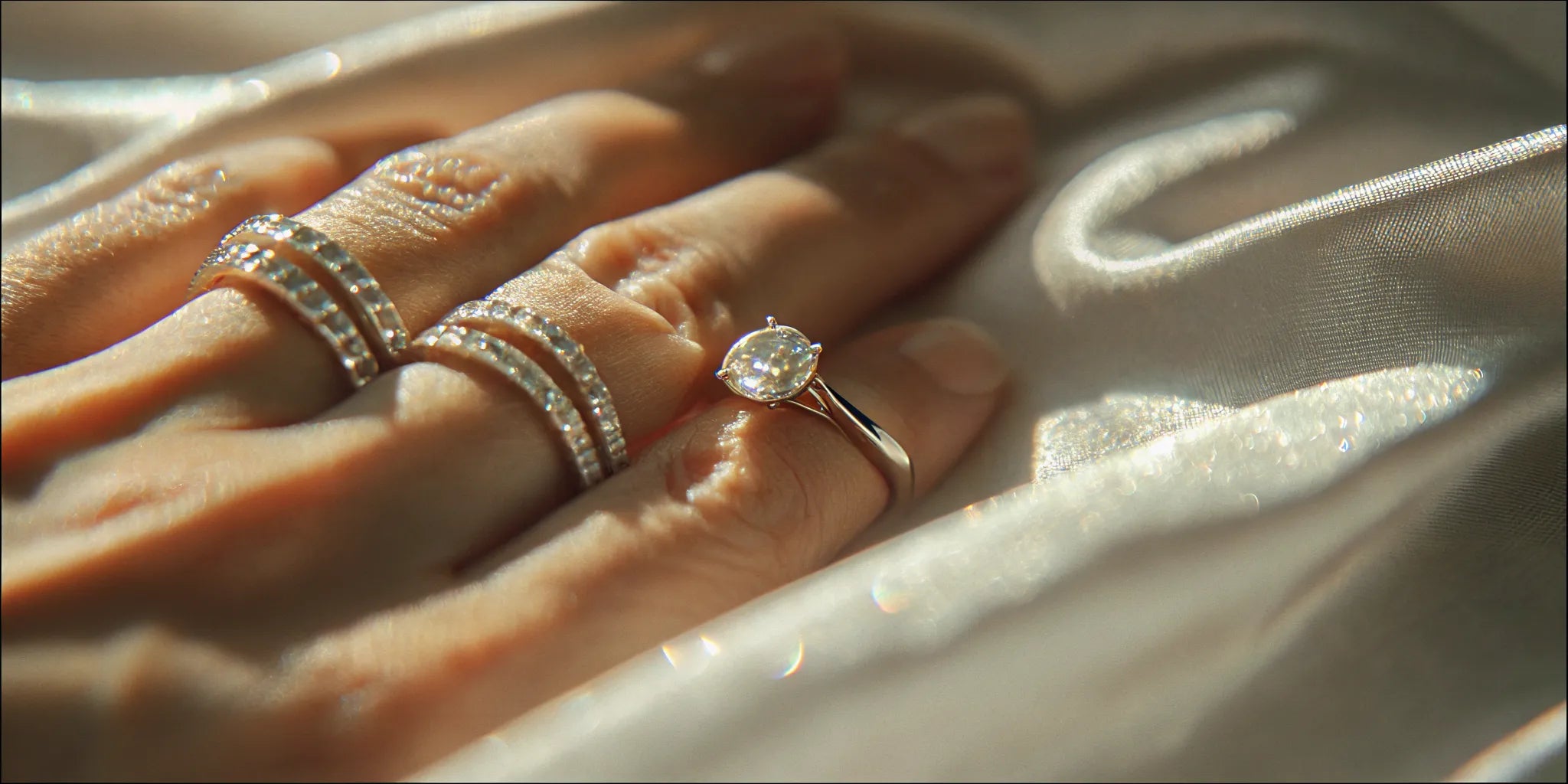 A 3-stone engagement ring stacked with two wedding bands on a woman's finger.