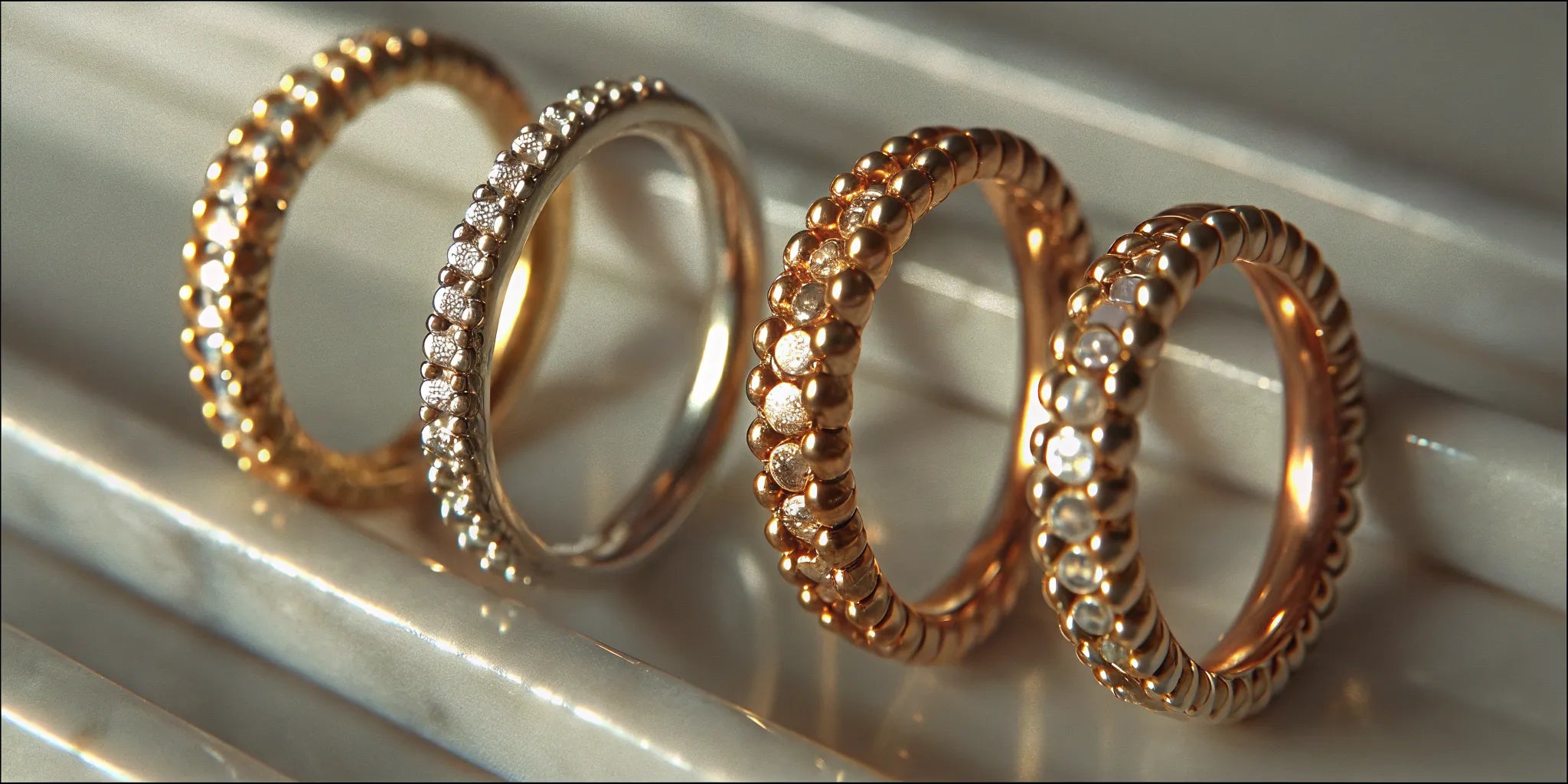 Various styles of women's gold band engagement rings with diamonds.