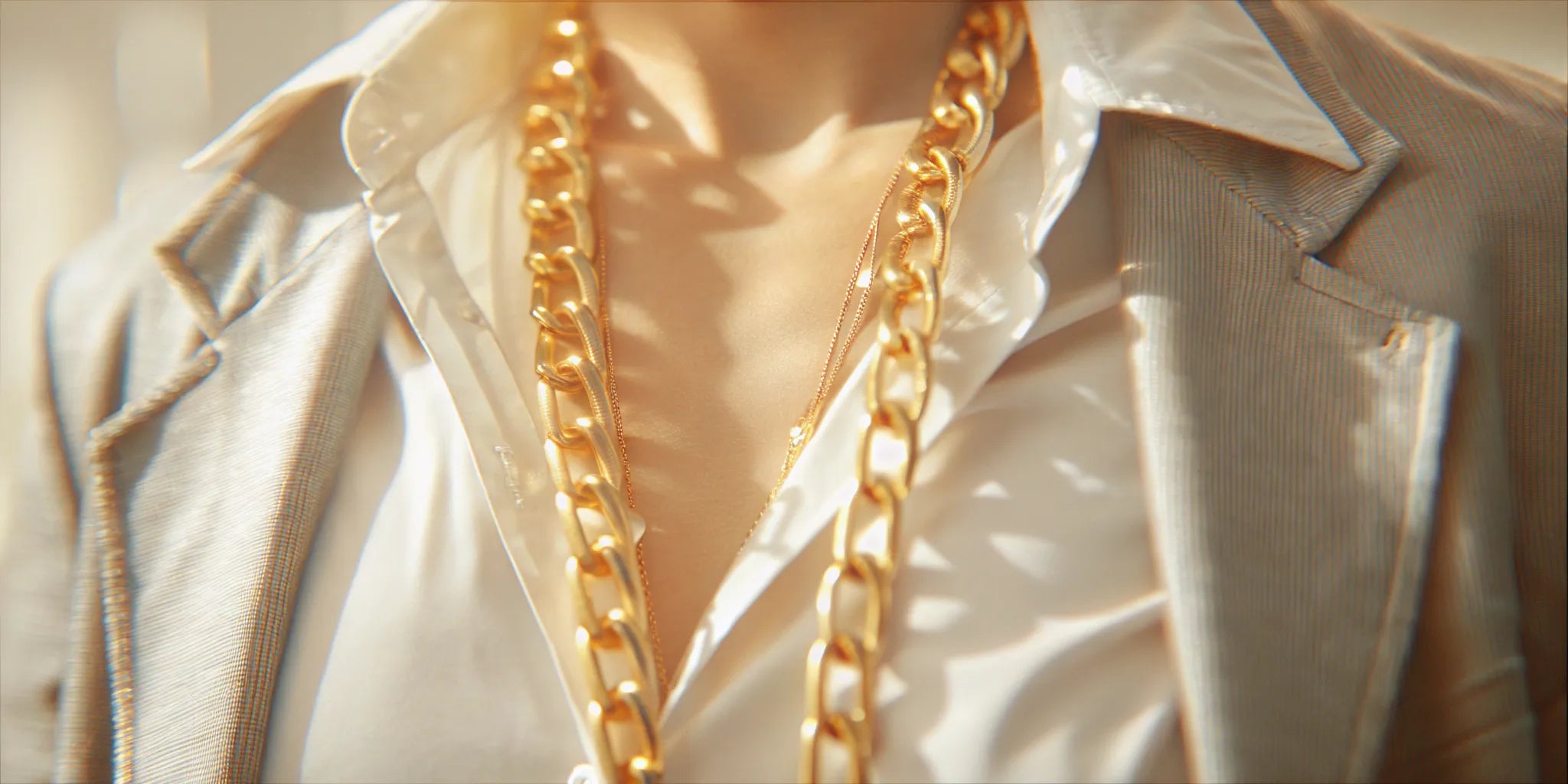Men's chunky gold lariat necklace styled with a blazer and open shirt.