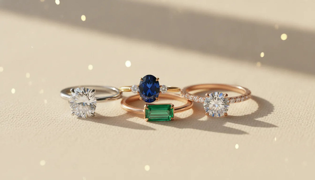 Engagement ring alternatives arranged on an ivory surface