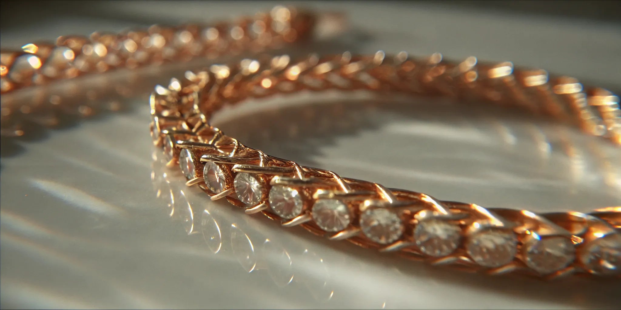 A 14k gold tennis bracelet set with a row of brilliant blue sapphires.