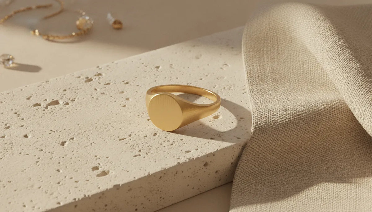Modern yellow gold signet ring on cream stone beside linen
