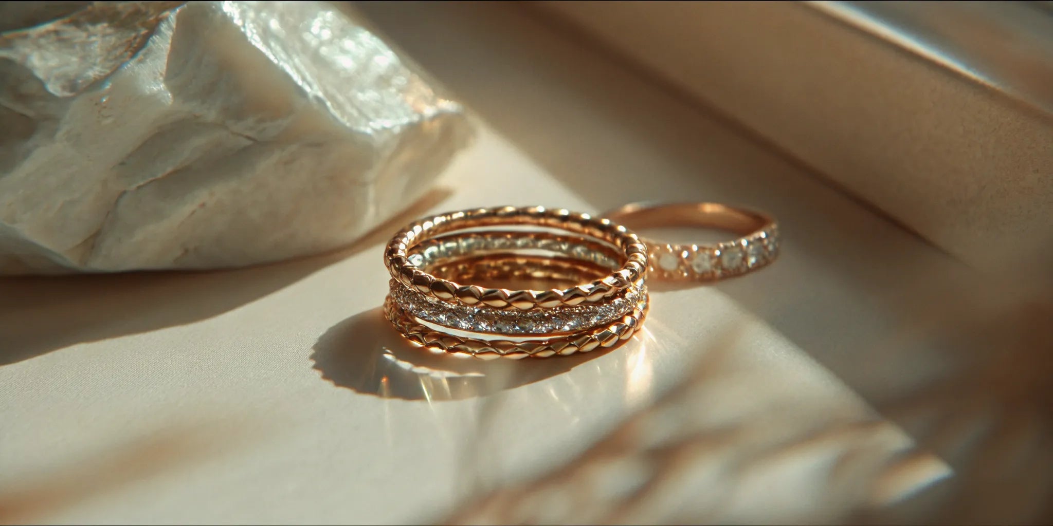 Refined stack of mixed-texture fine gold stackable rings