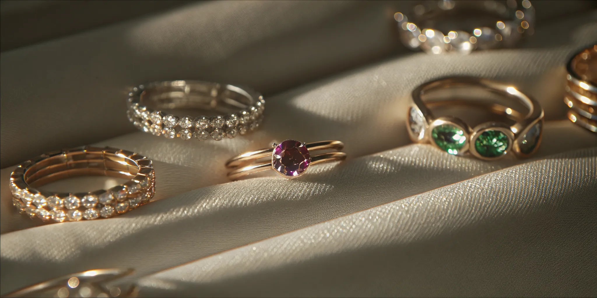 Gold wedding ring sets featuring birthstones like emerald, diamond, and a purple gemstone.