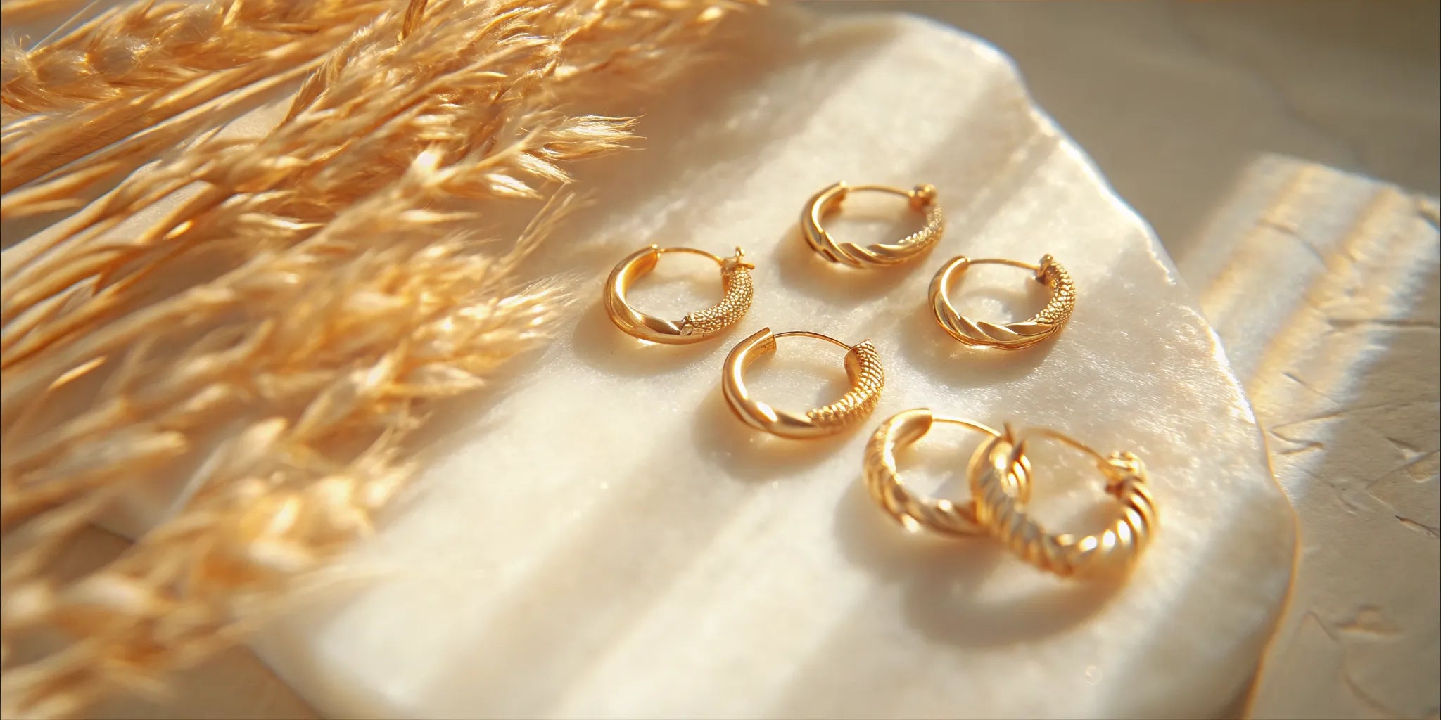 A collection of chunky gold huggie earrings with polished and textured finishes.