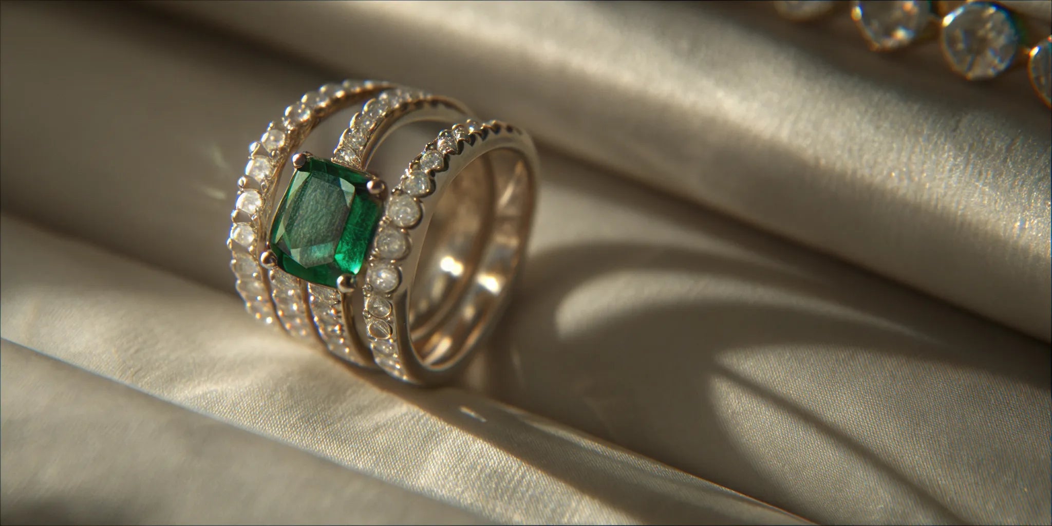 An emerald and diamond eternity ring set in a gold band.