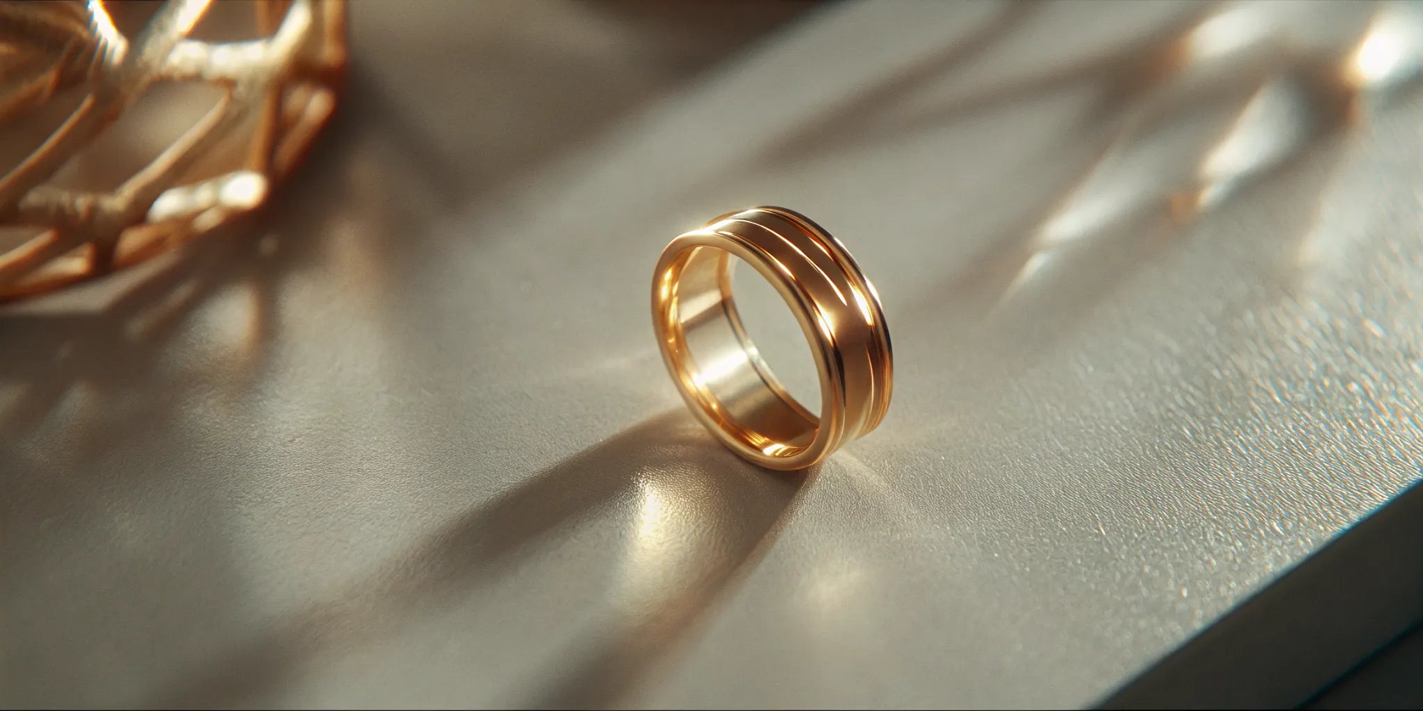 Modern men's solid gold ring on dark surface, luxury fine jewelry photography
