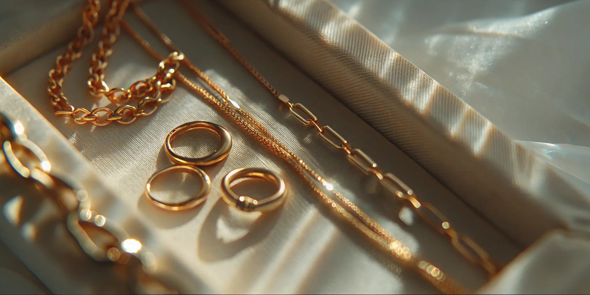 Elegant recycled gold rings and necklaces on soft sustainable packaging, warm natural lighting