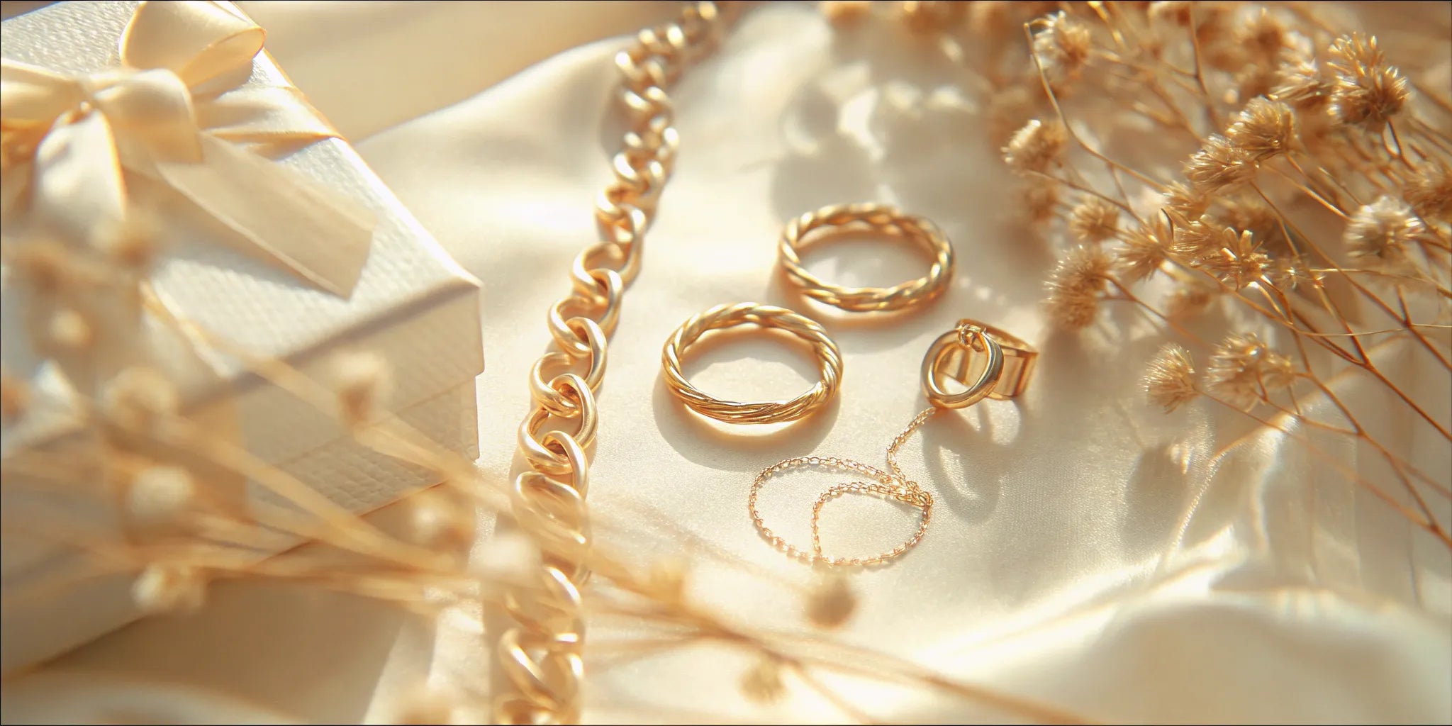 A flat lay of fine gold jewelry pieces including earrings, a diamond necklace, and stackable rings arranged with cream wrapping and dried florals on a soft surface.