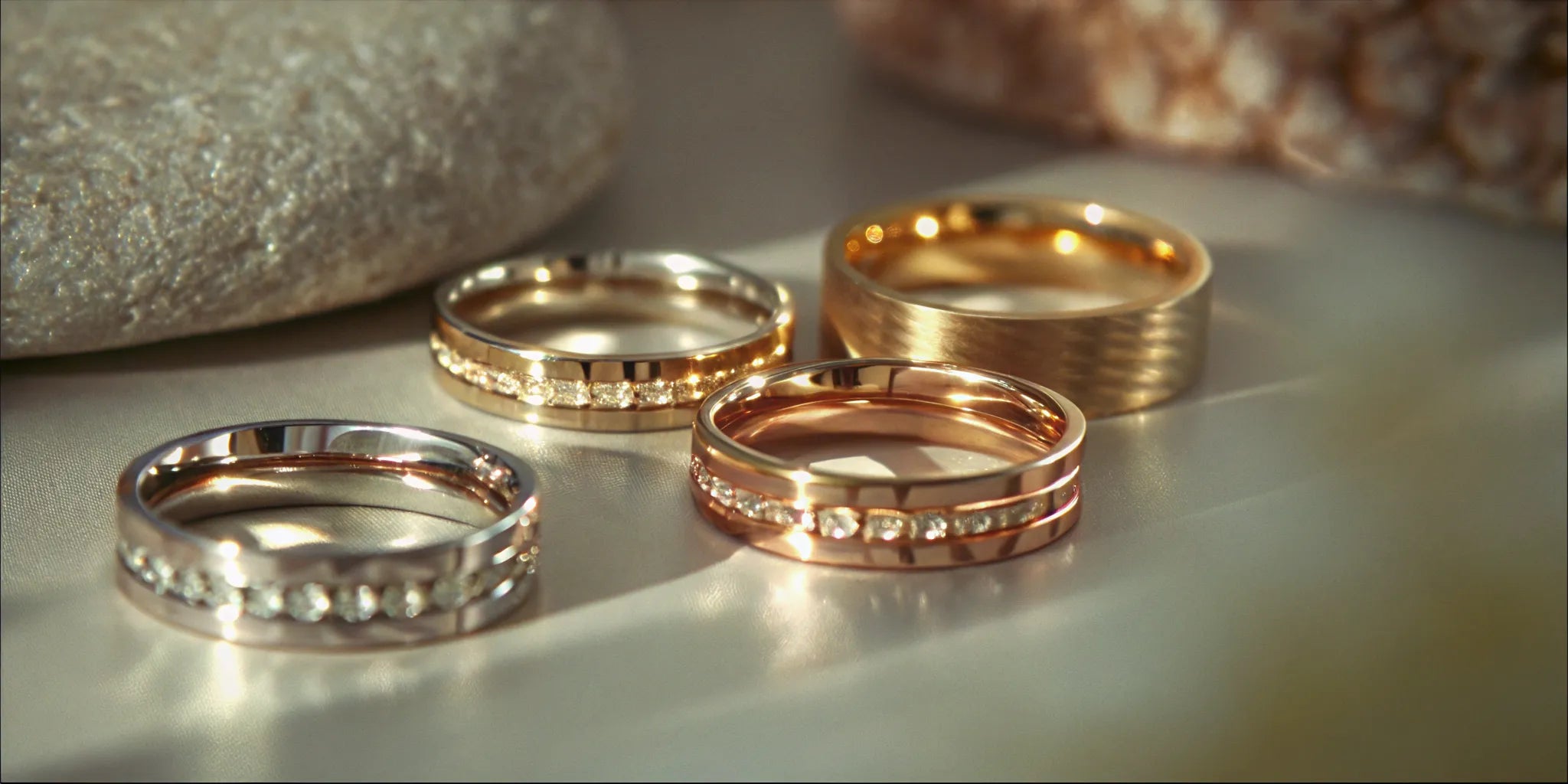 Minimalist and modern gender-neutral engagement rings in gold and platinum.