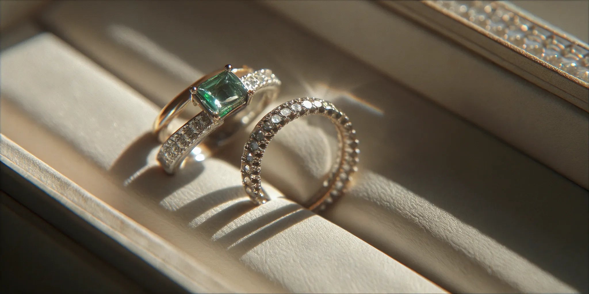 An emerald and diamond ring with a brilliant halo setting in a jewelry box.
