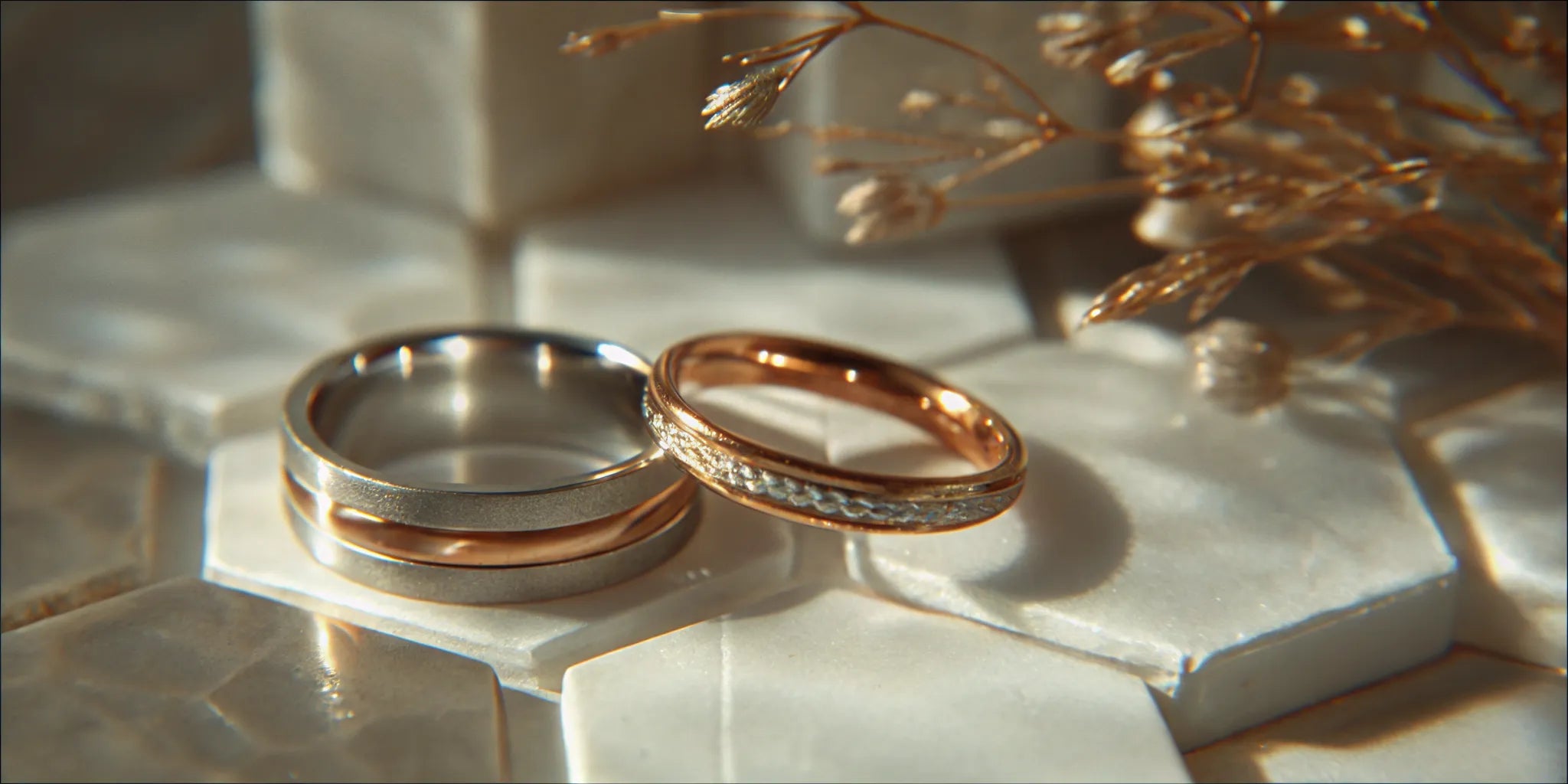 A pair of modern wedding bands for couples, featuring minimalist mixed-metal designs.