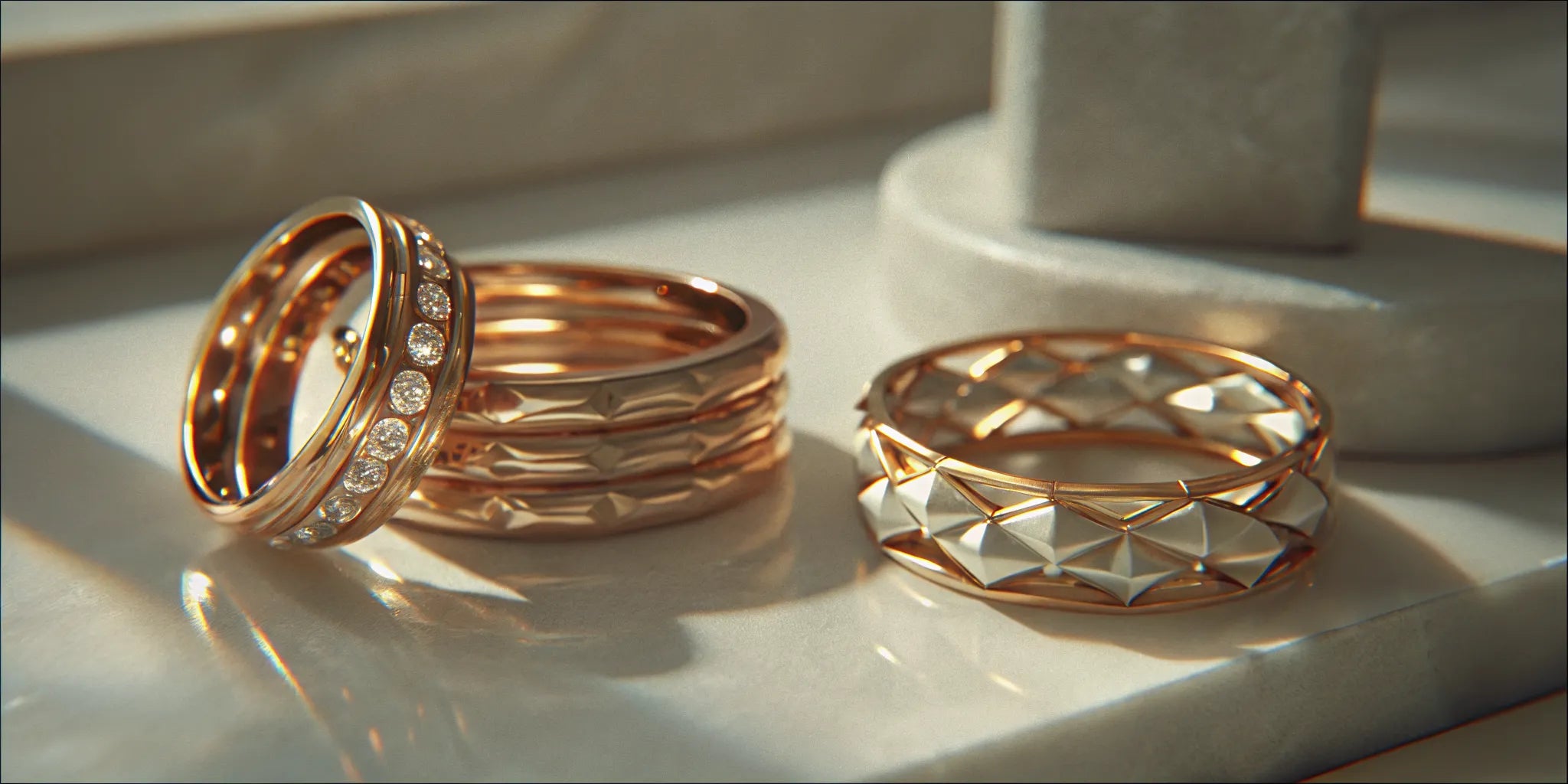 Wide gold wedding bands for her with unique diamond and geometric designs.
