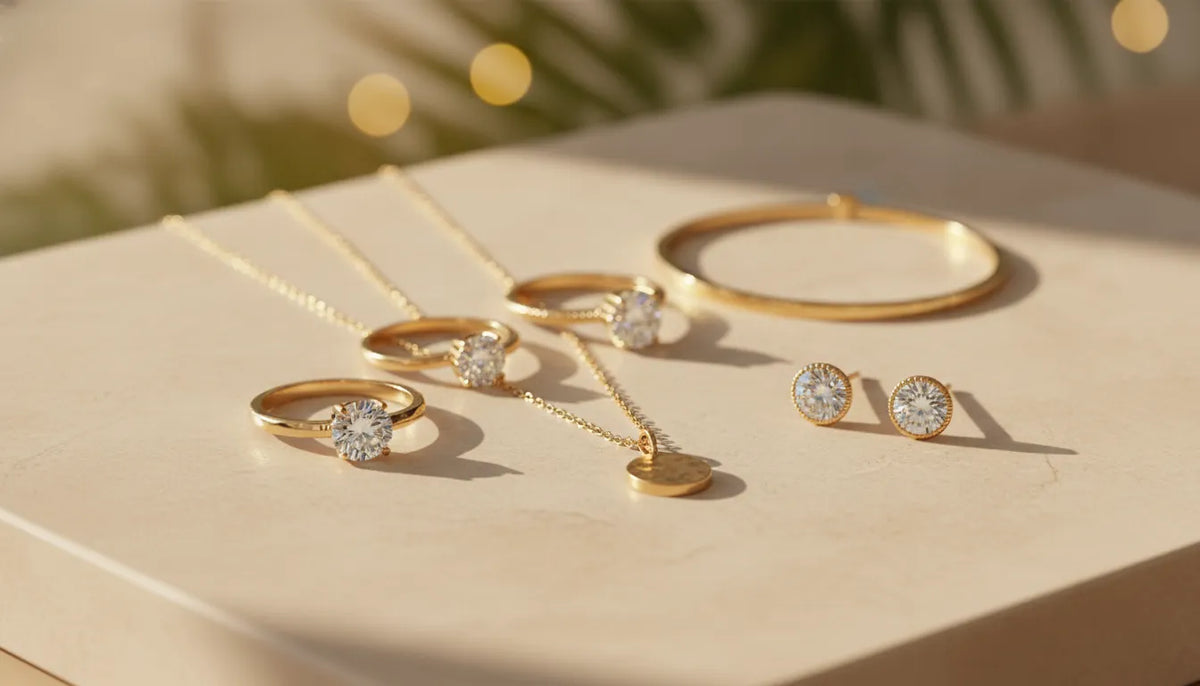 Gold rings, a necklace, diamond studs, and a bracelet arranged on an ivory surface