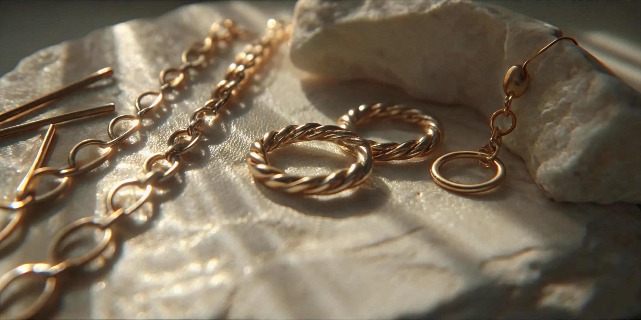 Solid gold jewelry arranged on warm ivory stone