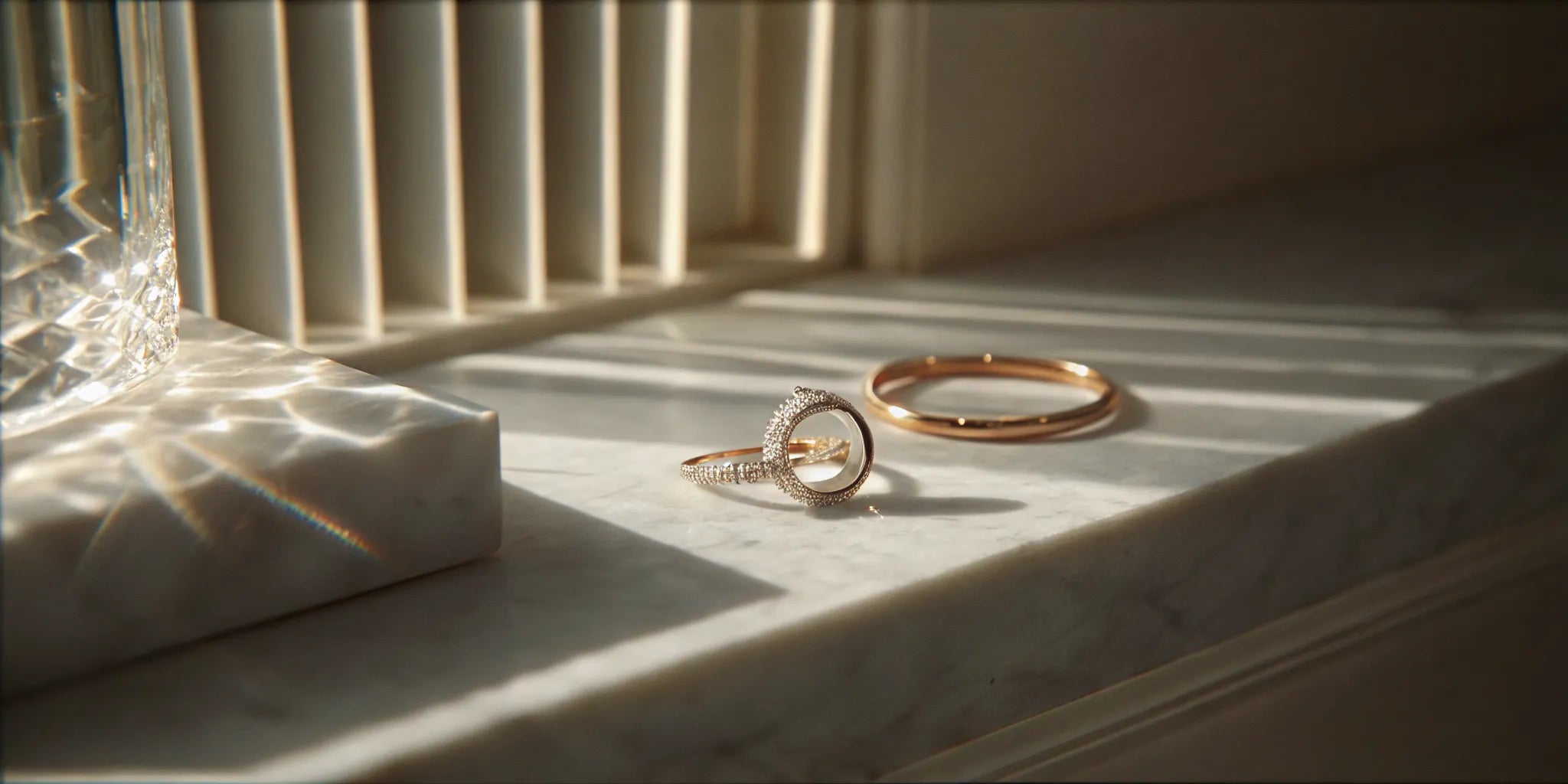 A collection of handcrafted engagement rings on marble in Palm Beach.