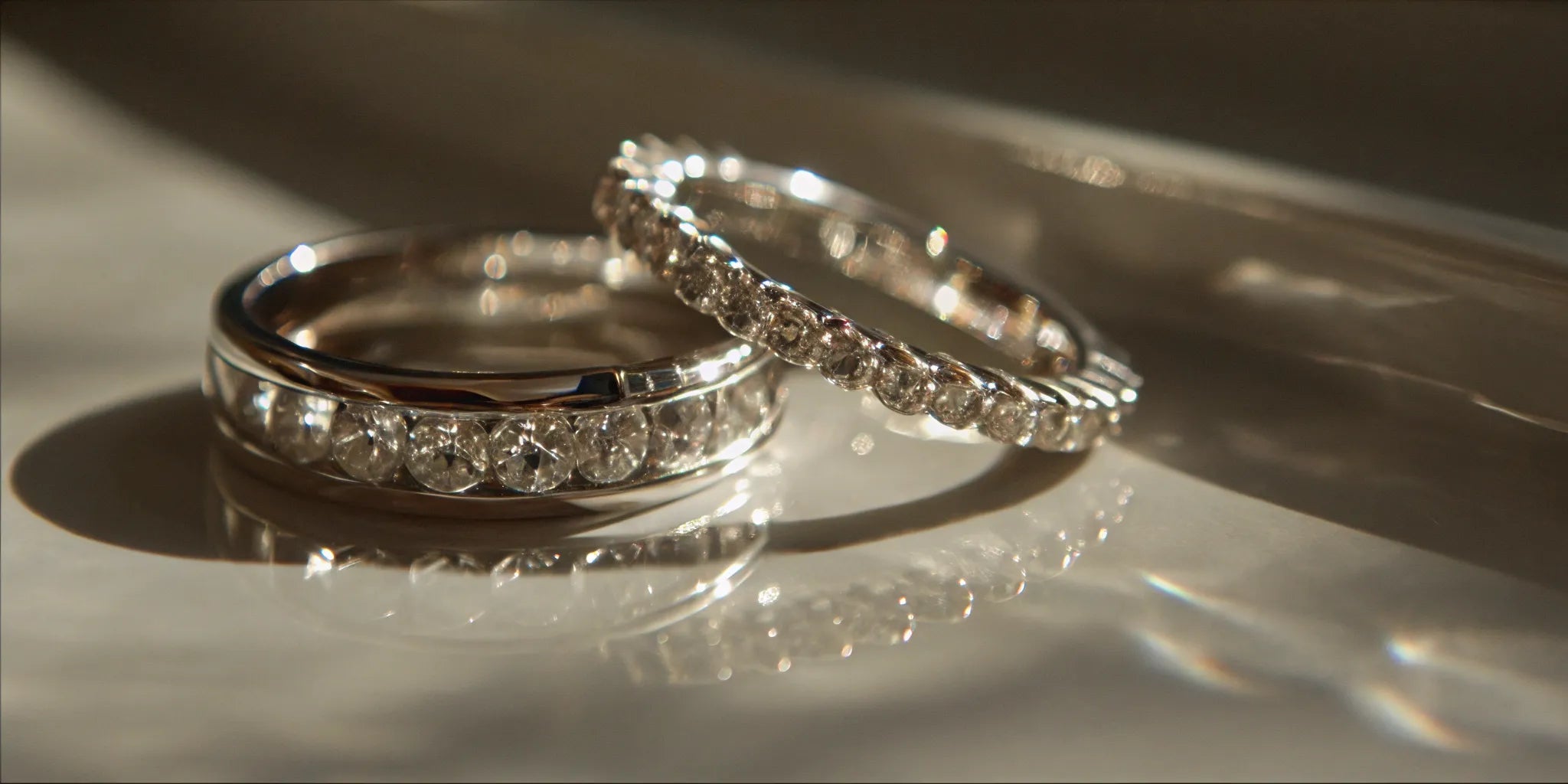14k white gold engagement ring and matching wedding band set with diamonds.