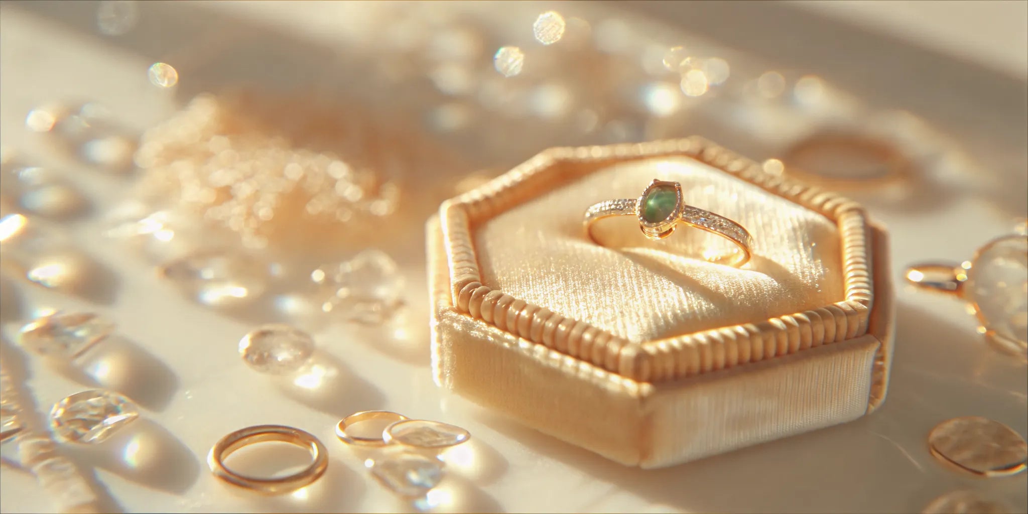 Gold bespoke engagement ring with a unique gemstone in a velvet box, shining in Palm Beach.