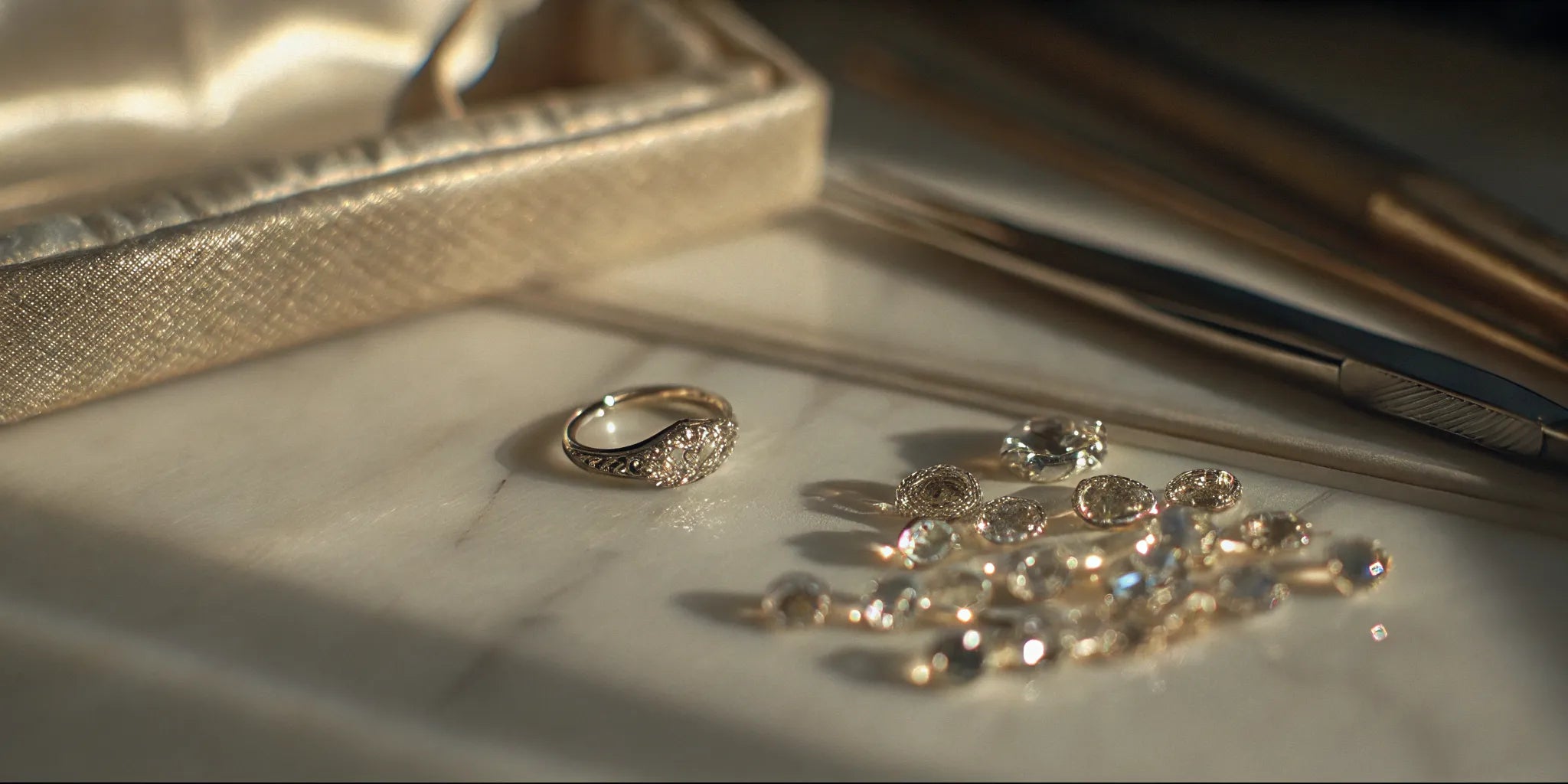 Custom heirloom jewelry design featuring a ring and loose gemstones.