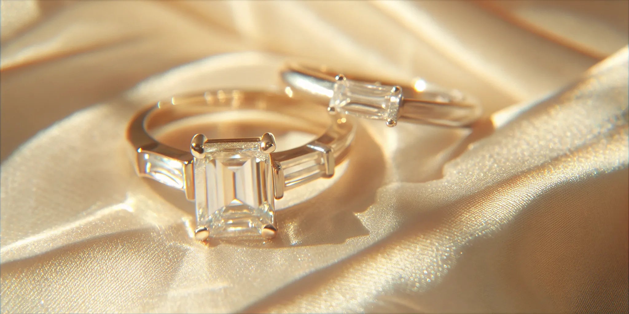 Emerald and baguette cut diamond rings on gold bands.